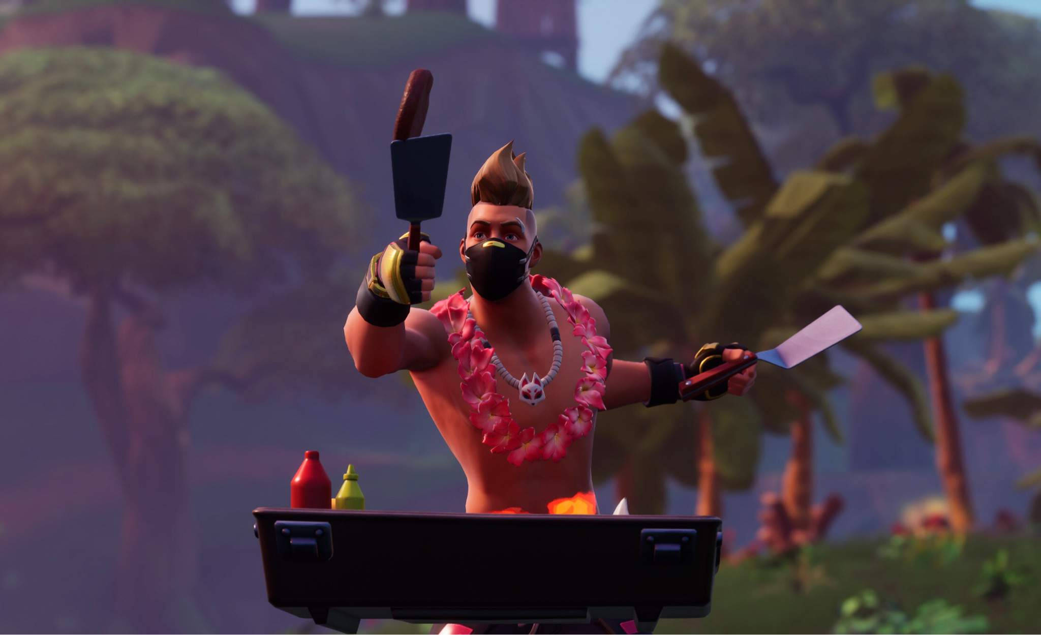 Drift 桌布 壁紙 — 一個戴著面具的Fortnite角色，戴著粉紅色花環，在熱帶叢林環境中用便攜式燒烤爐烤熱狗。
