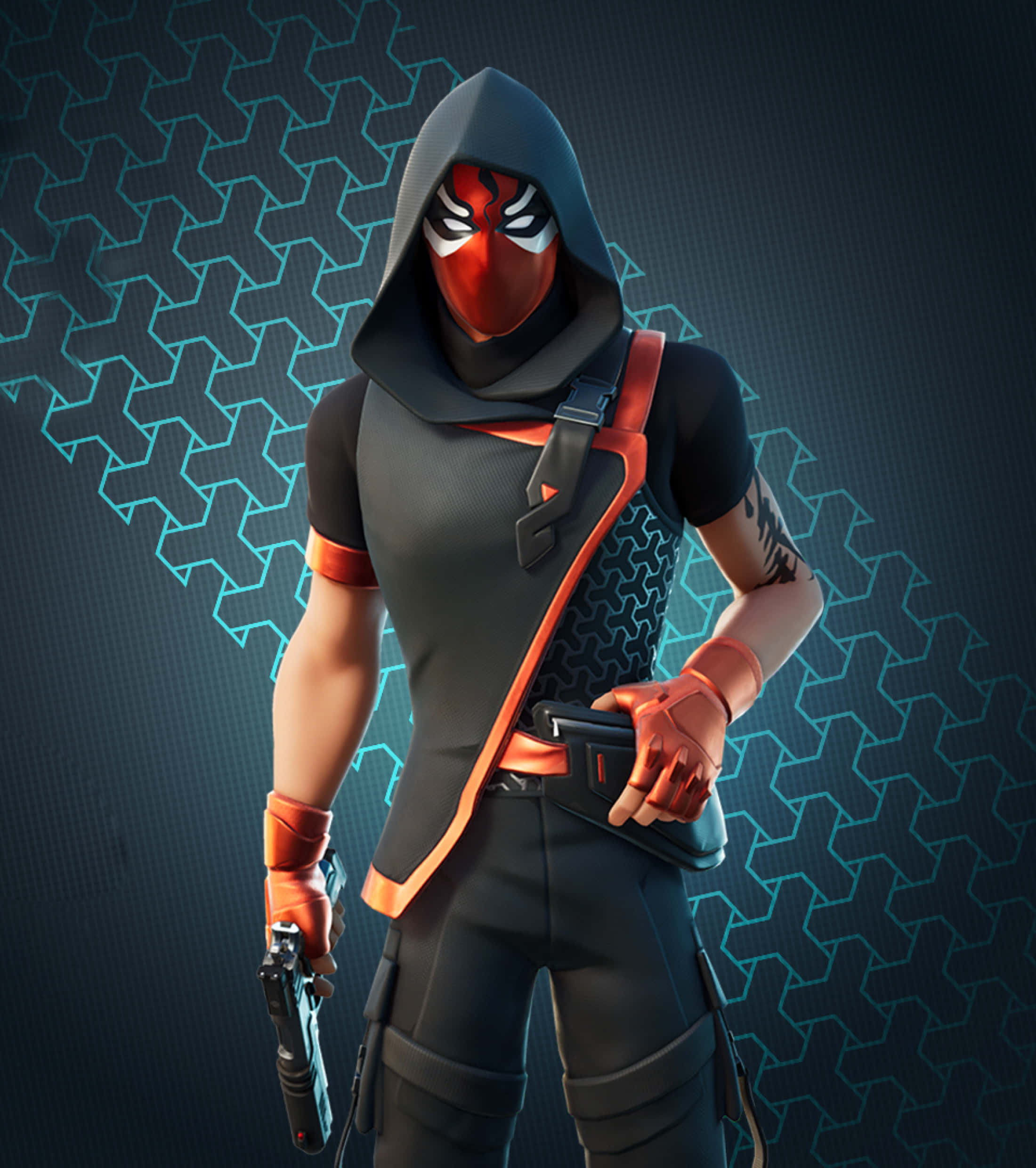 Fortnite Ikonik Skin 桌布 壁紙 — 一個戴著面具的Fortnite角色，身穿黑色和橙色裝備，手持手槍，背景是發光的藍色六邊形圖案。