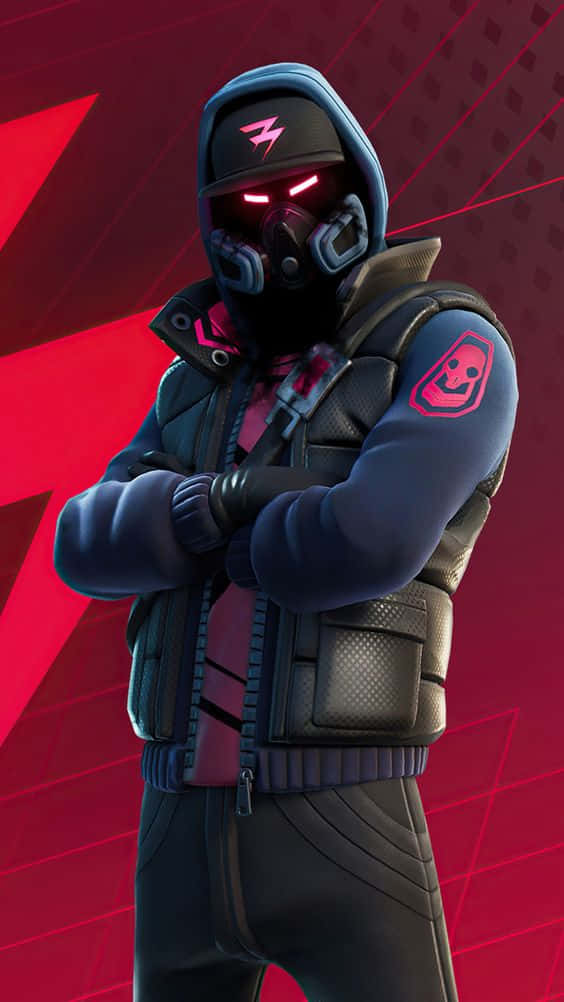 Dope Fortnite 桌布 壁紙 — 一個戴著面具的Fortnite角色，身穿深色裝備，眼睛發出紅光，自信地站在大膽的紅色幾何背景前。