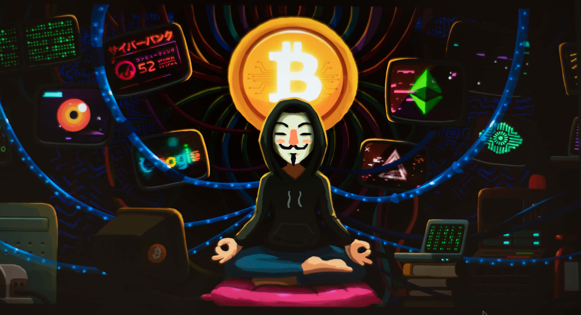 匿名 桌布 壁紙 — 一個戴著面具的人物在 cyberpunk 場景中，於發光的加密貨幣符號和數位螢幕之間平靜地冥想。