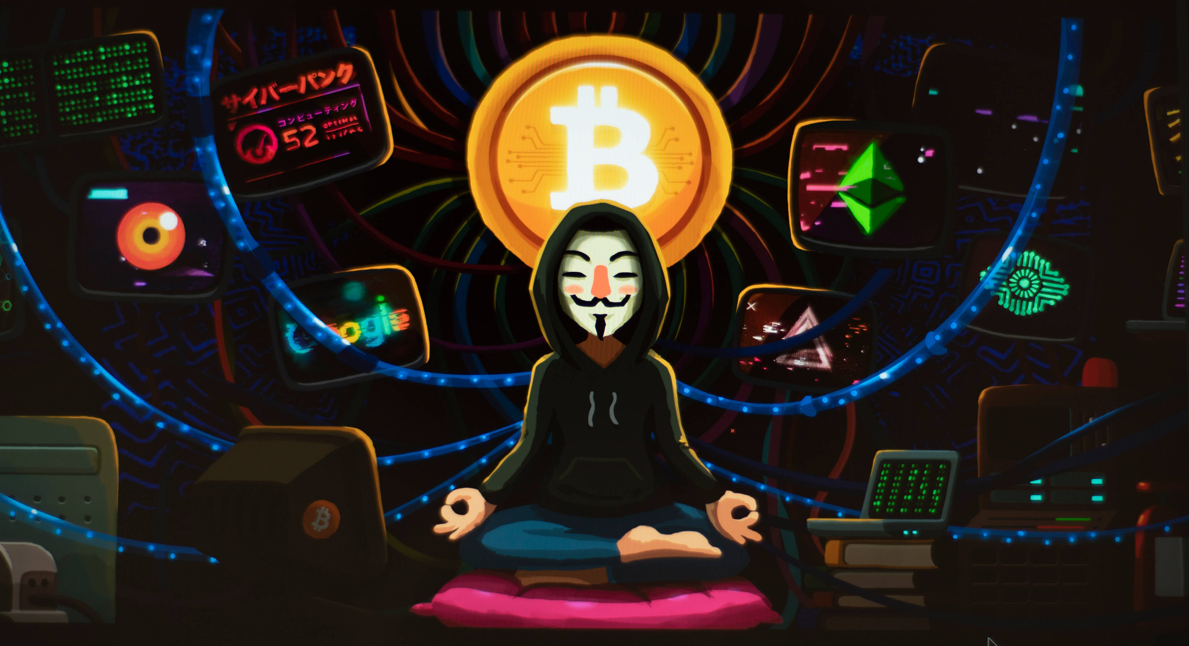 比特幣 桌布 壁紙 — 一個戴著面具的人物在充滿發光加密貨幣符號和數位螢幕的 cyberpunk 科技房間中平靜地冥想。