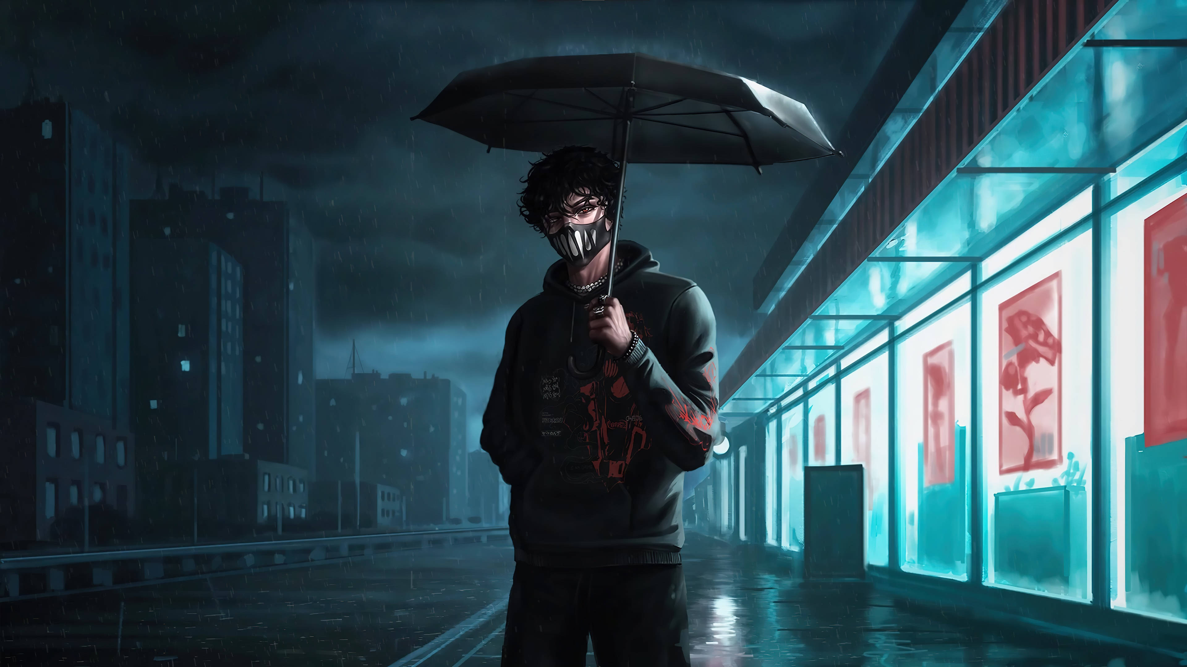 Corpse 桌布 壁紙 — 一個戴著面具的人物撐著雨傘，獨自走在夜晚霓虹燈閃爍的雨城市街道上。