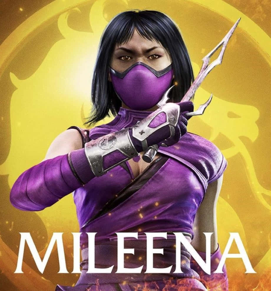 Mortal Kombat Mileena 桌布 壁紙 — 一個戴著面具的兇猛紫色忍者戰士，在發光的黃色背景上揮舞著帶刺的武器。