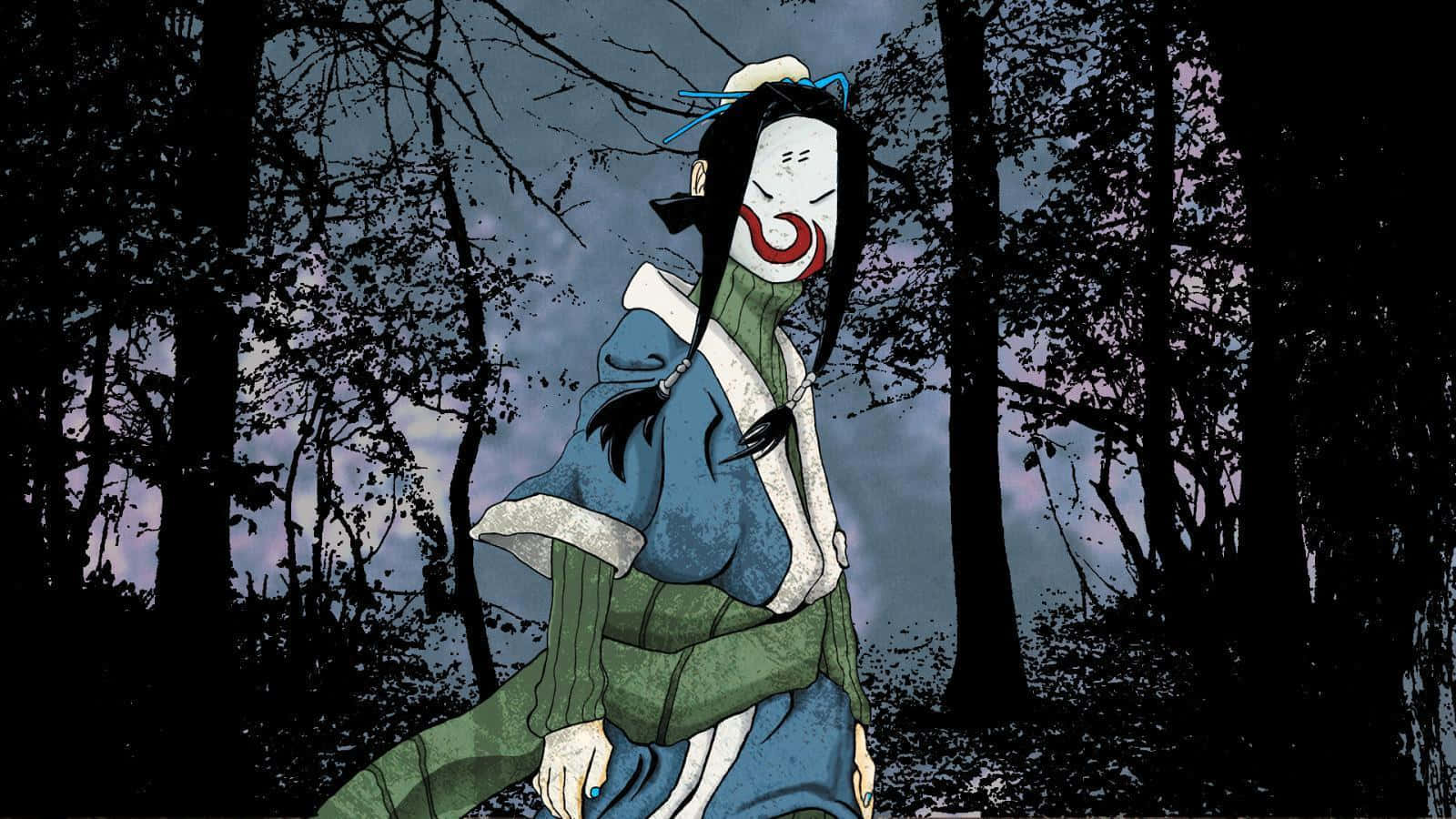 Naruto Haku 桌布 壁紙 — 一個戴著面具的動漫人物，身穿藍色和綠色的長袍，在黃昏時分的黑暗森林中與光禿禿的樹木一起詭異地站立。