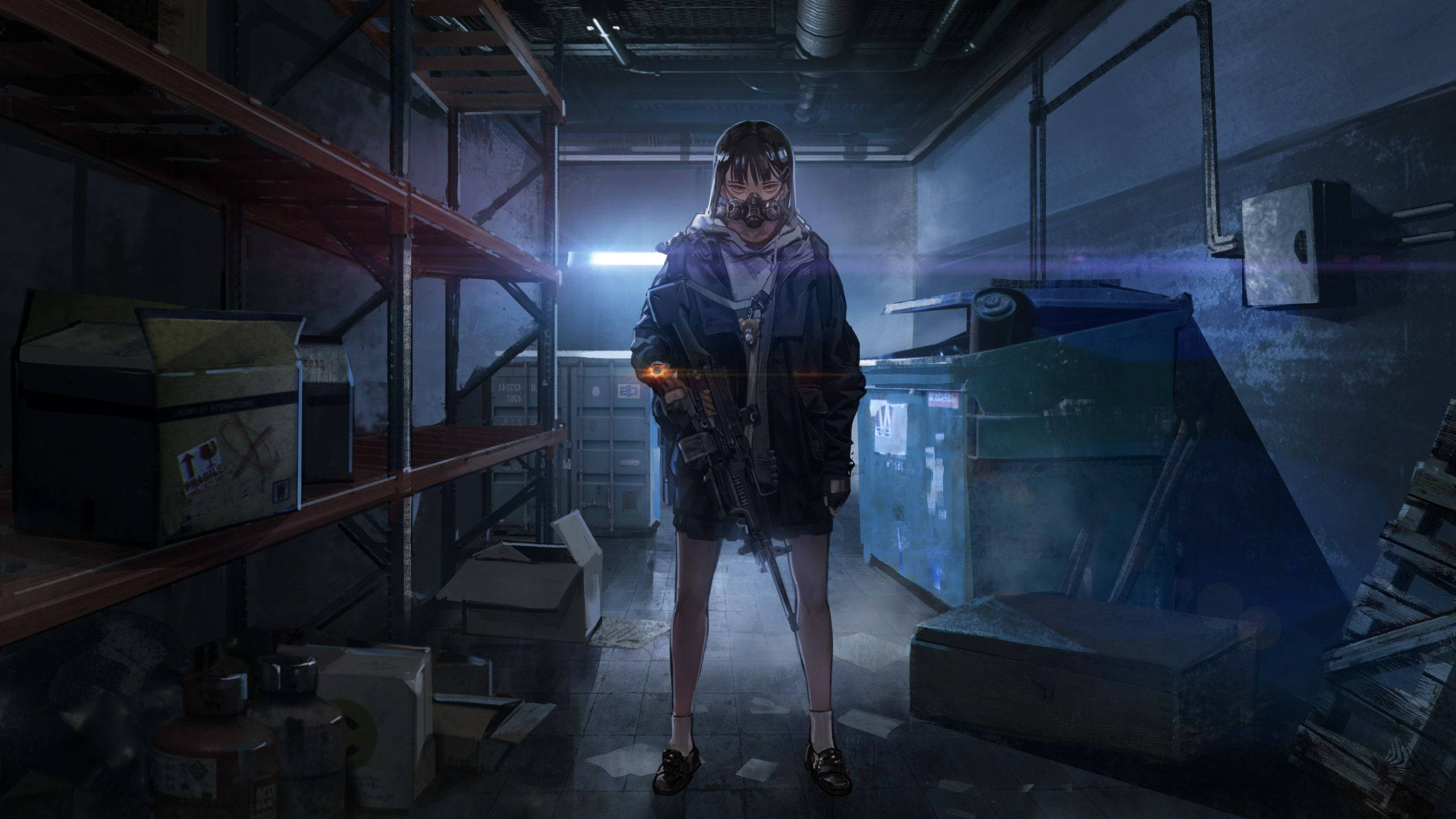 電玩遊戲 桌布 壁紙 — 一個戴著面具的動漫女孩拿著步槍，站在昏暗的工業倉庫中，頭頂只有一支螢光燈。