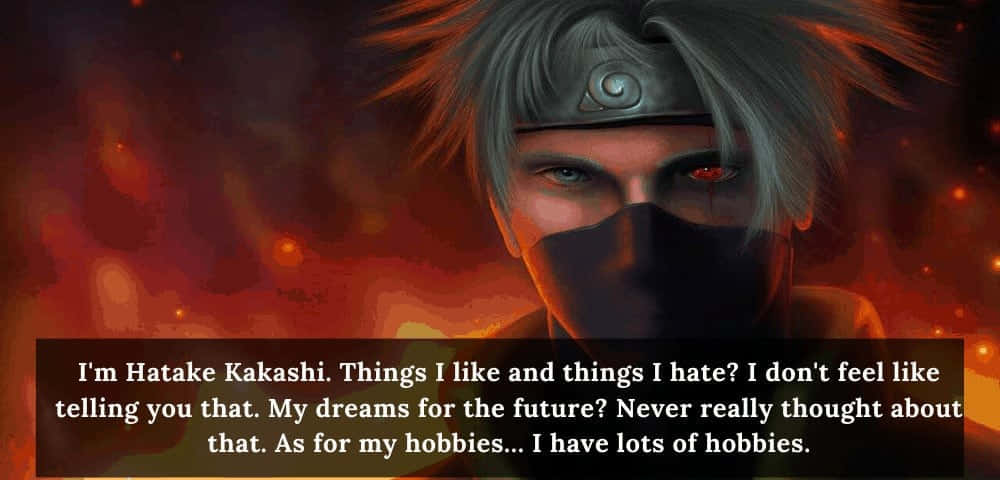 Kakashi Quotes 桌布 壁紙 — 一個戴著面具的動漫忍者，擁有紅色眼睛和銀色頭髮，在熾熱的橙色背景下強烈凝視。