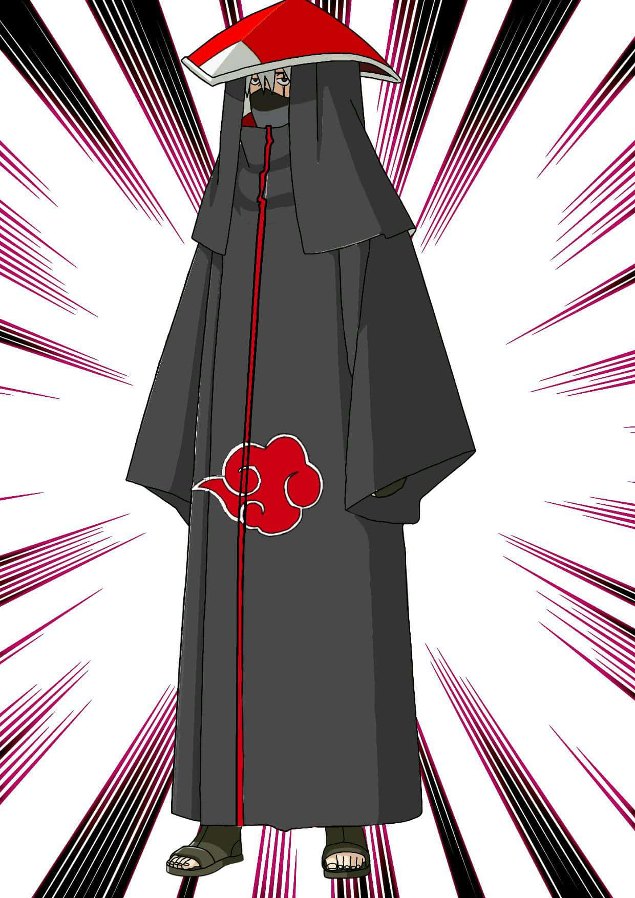 Akatsuki Kakashi 桌布 壁紙 — 一個戴著面具的動漫忍者，身穿帶有紅色雲朵標誌的黑色斗篷，站在動態的黑色和洋紅色速度線背景前。