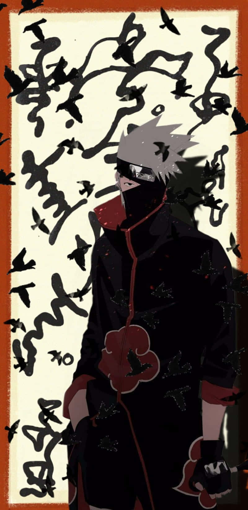 Akatsuki Kakashi 桌布 壁紙 — 一個戴著面具的動漫忍者，身穿帶有紅色雲朵標誌的黑色斗篷，站在奶油色背景上，周圍是旋轉的黑色墨水和飛鳥。