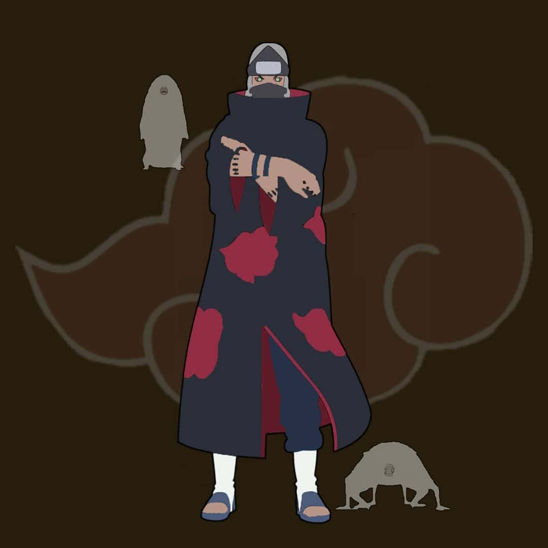 Akatsuki Kakuzu 桌布 壁紙 — 一個戴著面具的動漫忍者，身穿帶有紅色雲朵的黑色斗篷，站在棕色背景前，身旁有兩個灰色人偶。