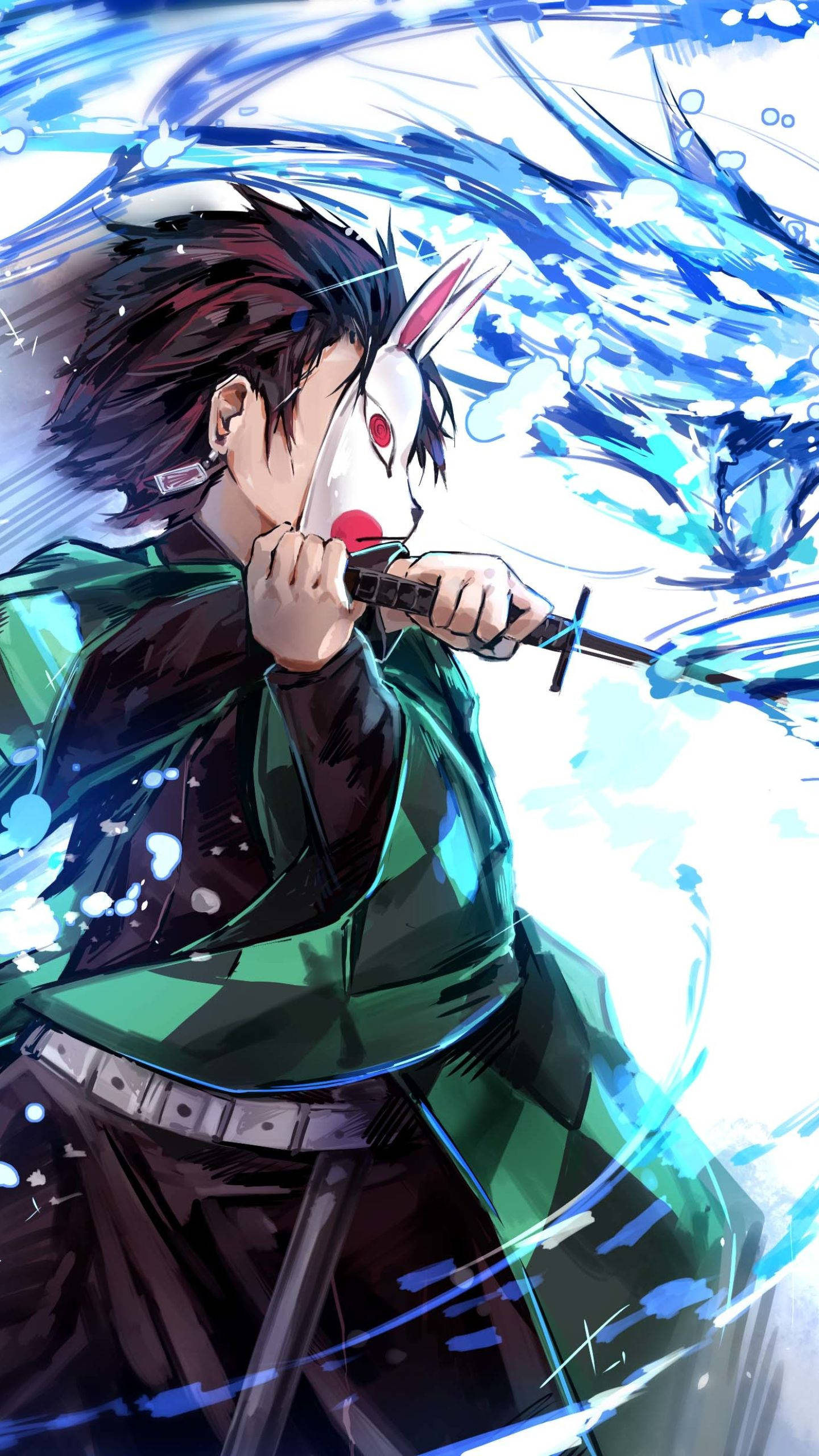 Kimetsu 桌布 壁紙 — 一個戴著面具的動漫戰士，身穿綠色和服，以劍劈開旋轉的藍色水，擺出動態動作姿勢。