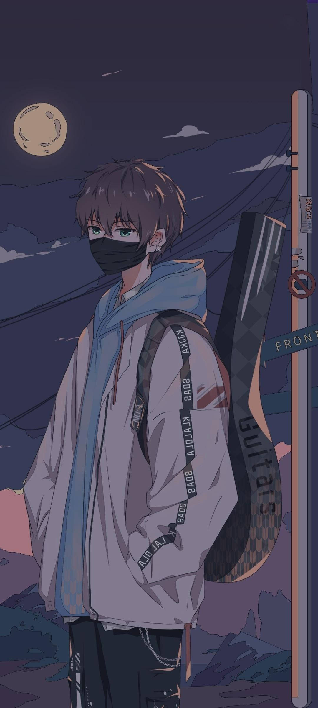 憂鬱少年動漫 桌布 壁紙 — 一個戴著面具的動漫男孩拿著吉他，倚靠在滿月下的路燈柱上，營造出憂鬱的夜晚場景。