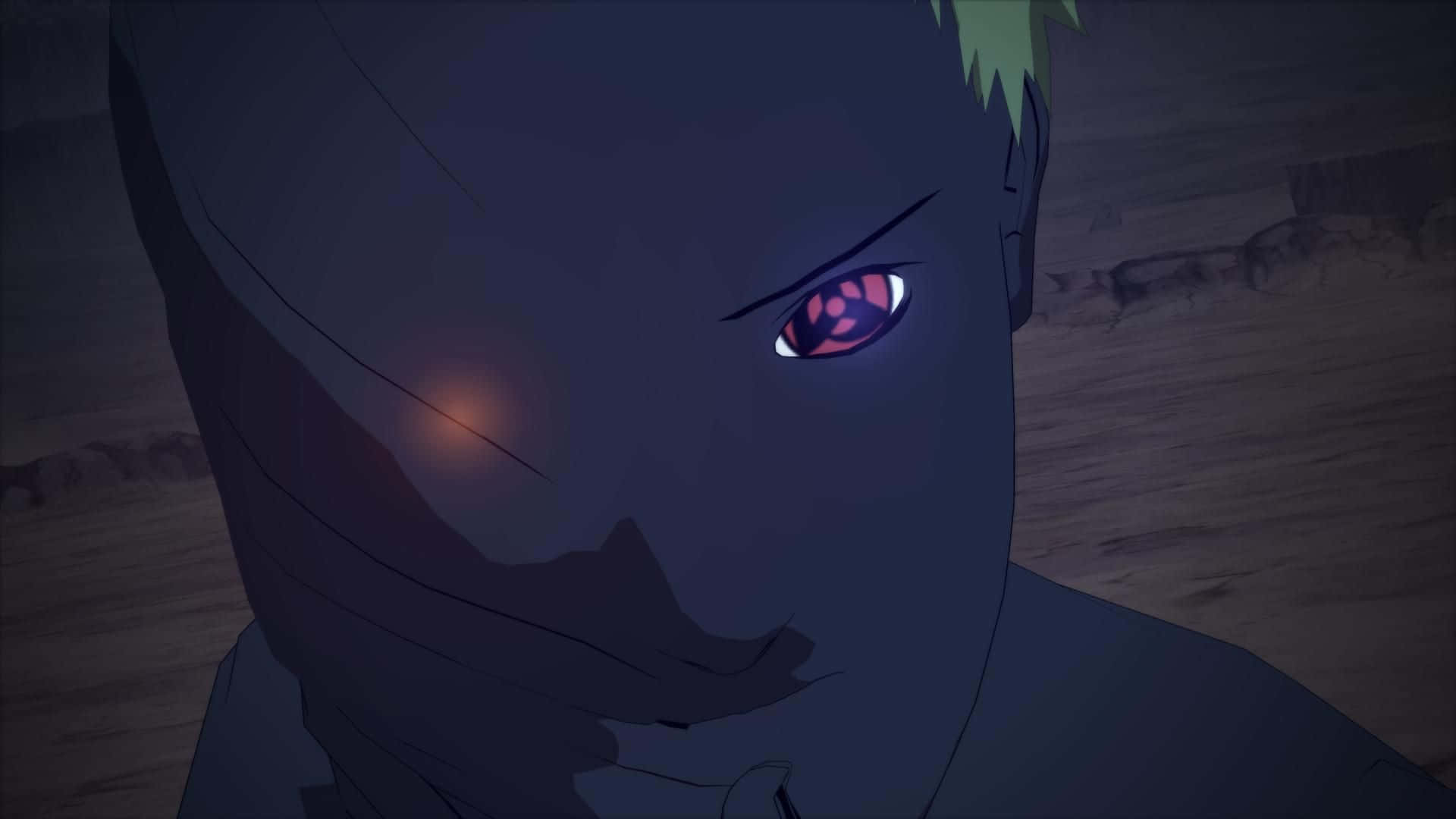 Black Zetsu 桌布 壁紙 — 一個戴著面具的動漫角色，在夜晚昏暗的沙漠中，用發光的紅色眼睛強烈地凝視著。