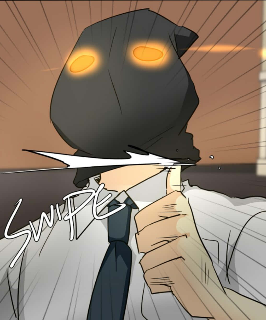 Anime Character 桌布 壁紙 — 一個戴著面具的動漫角色，擁有發光的橙色眼睛，在動態漫畫格中刷卡。