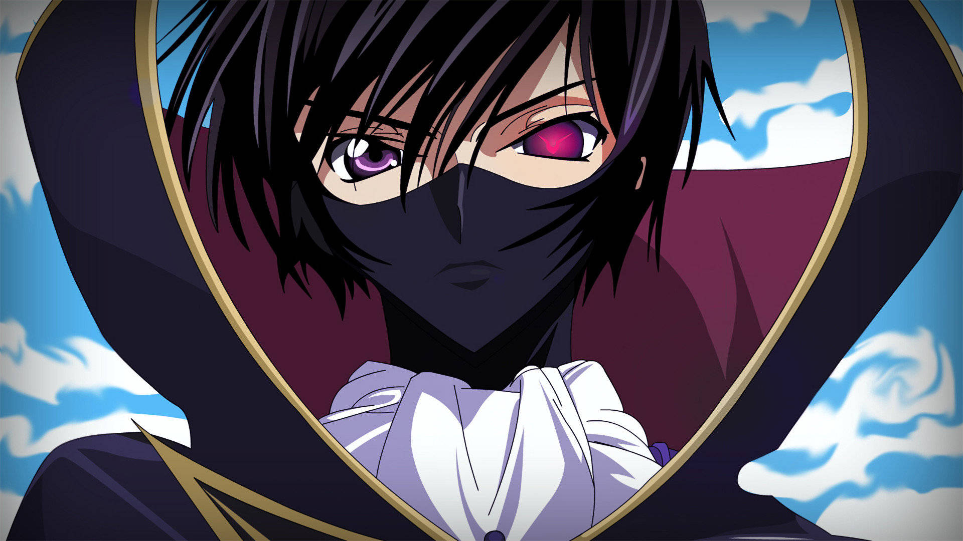 lelouch lamperouge 桌布 壁紙 — 一個戴著面具的動漫角色，紫色眼睛和黑色頭髮，在金色心形框架內對著藍天凝視。