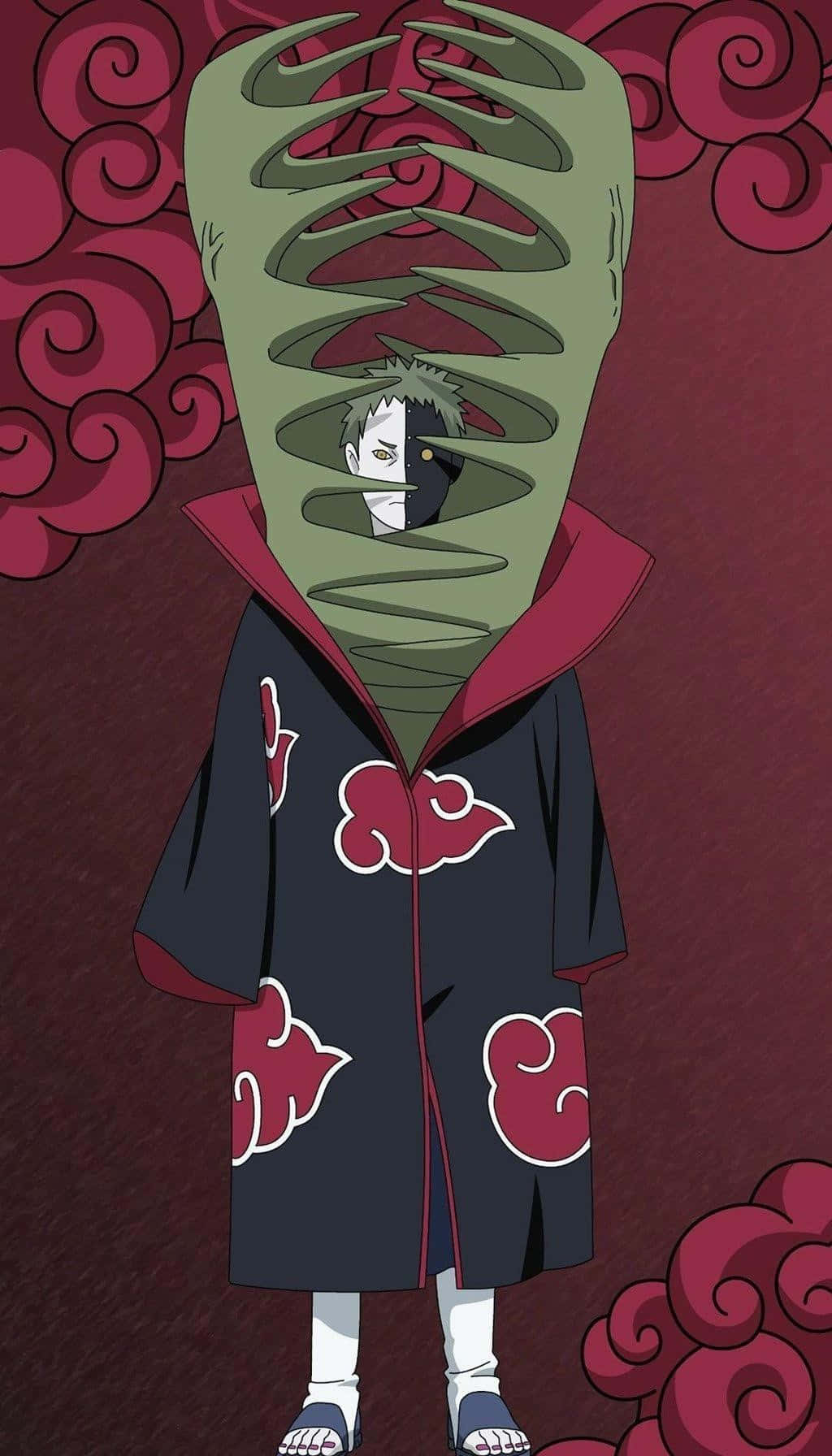 Black Zetsu 桌布 壁紙 — 一個戴著面具的動漫角色，身穿帶有紅色雲紋的深色長袍，站在旋轉的紅色背景前。