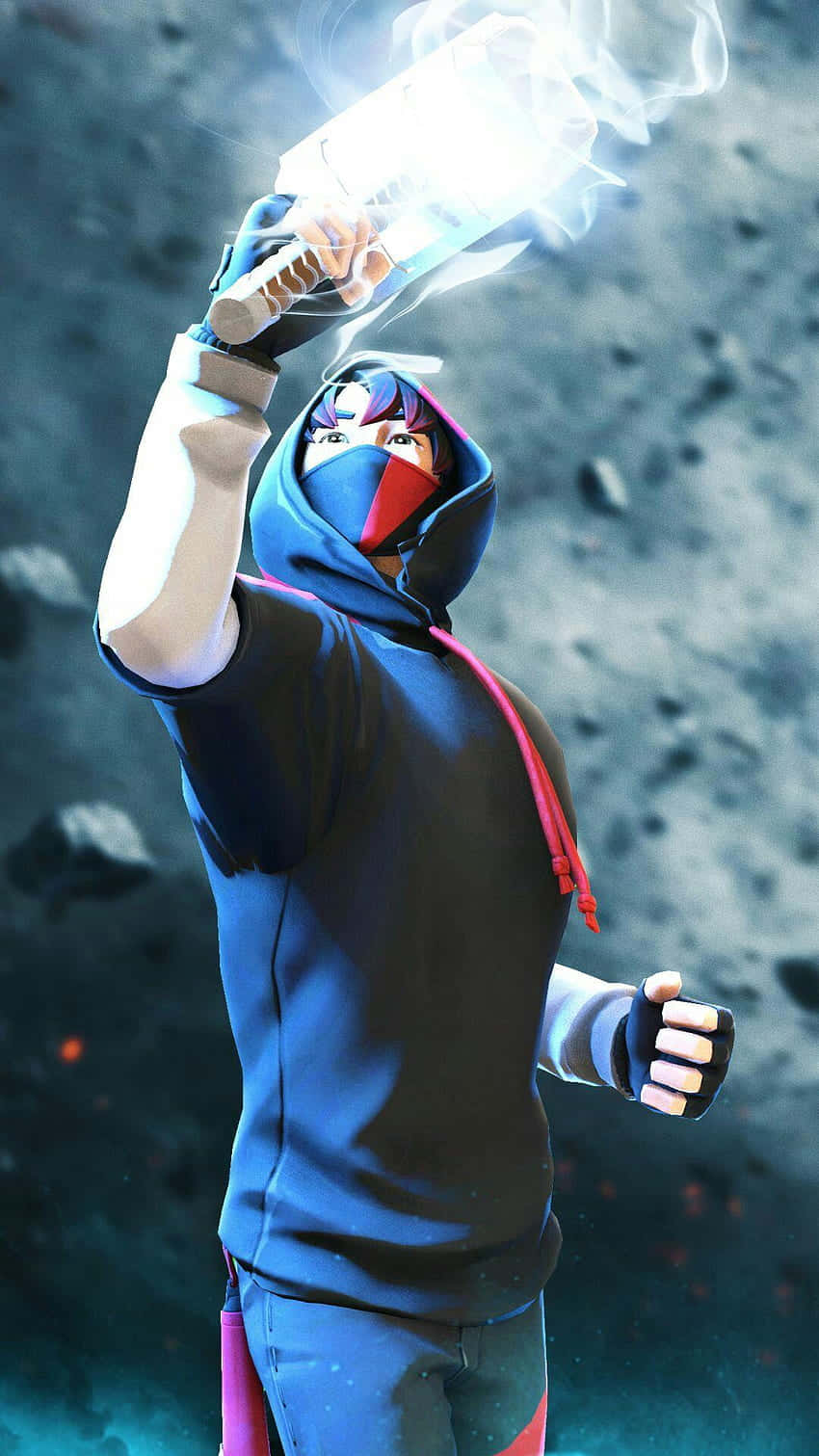 Fortnite Ikonik Skin 桌布 壁紙 — 一個戴著面具的動漫角色，身穿藍色連帽衫，在宇宙場景中漂浮的岩石間揮舞著發光的劍。
