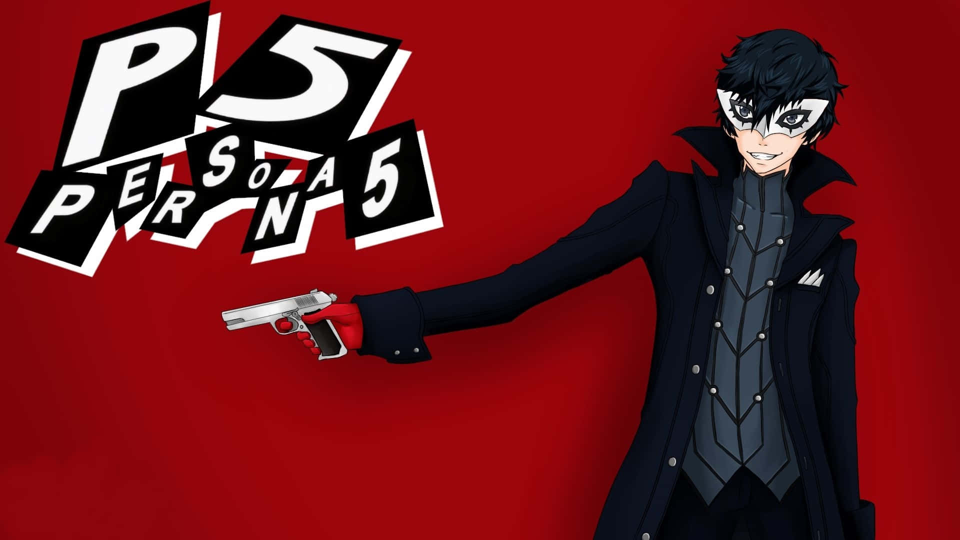 ren amamiya 桌布 壁紙 — 一個戴著面具的動漫角色，身穿黑色外套，在帶有 Persona 5 標誌的醒目紅色背景前持槍。