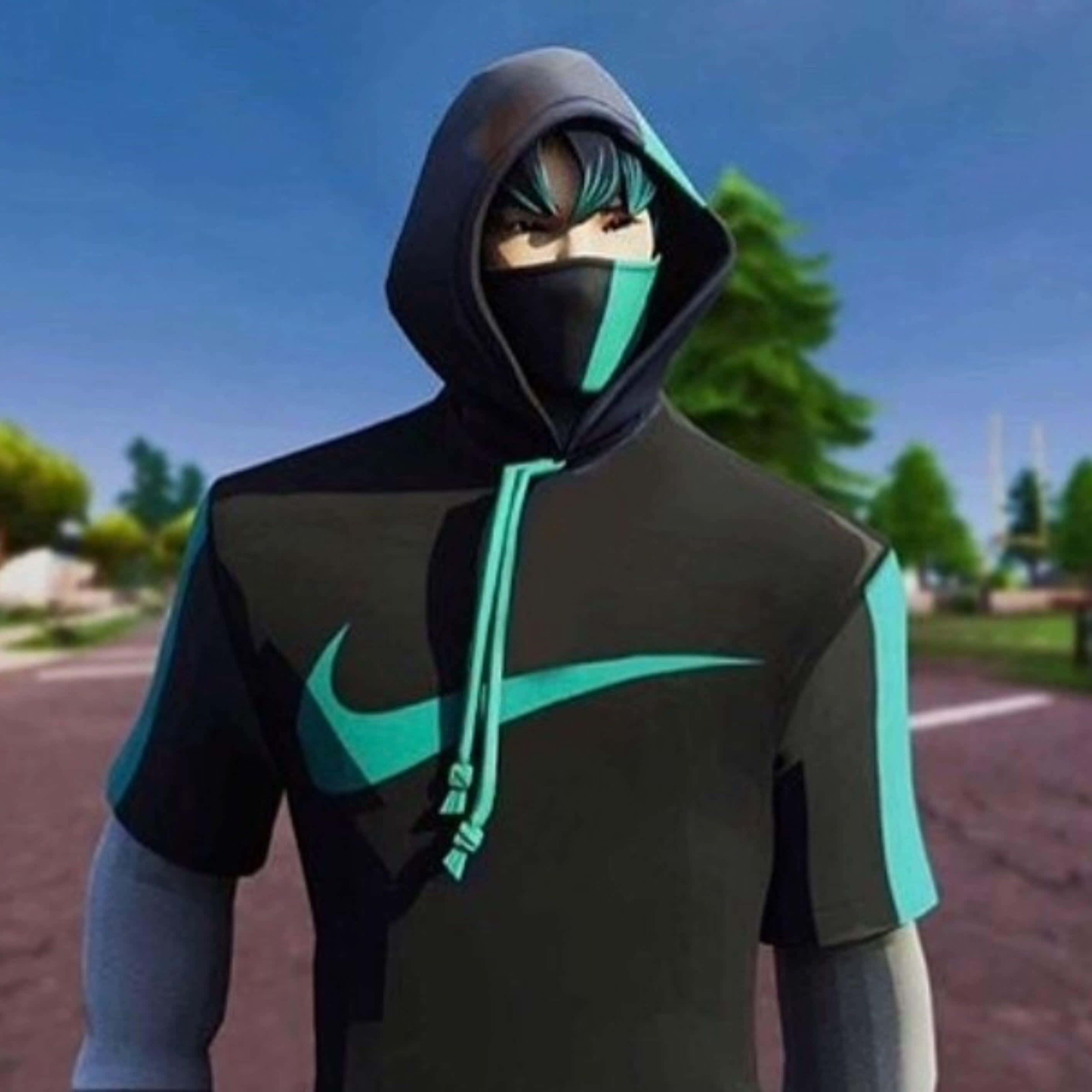 Fortnite Ikonik Skin 桌布 壁紙 — 一個戴著面具的動漫角色，身穿黑色和青綠色的連帽衫，站在晴朗藍天下的郊區街道上。