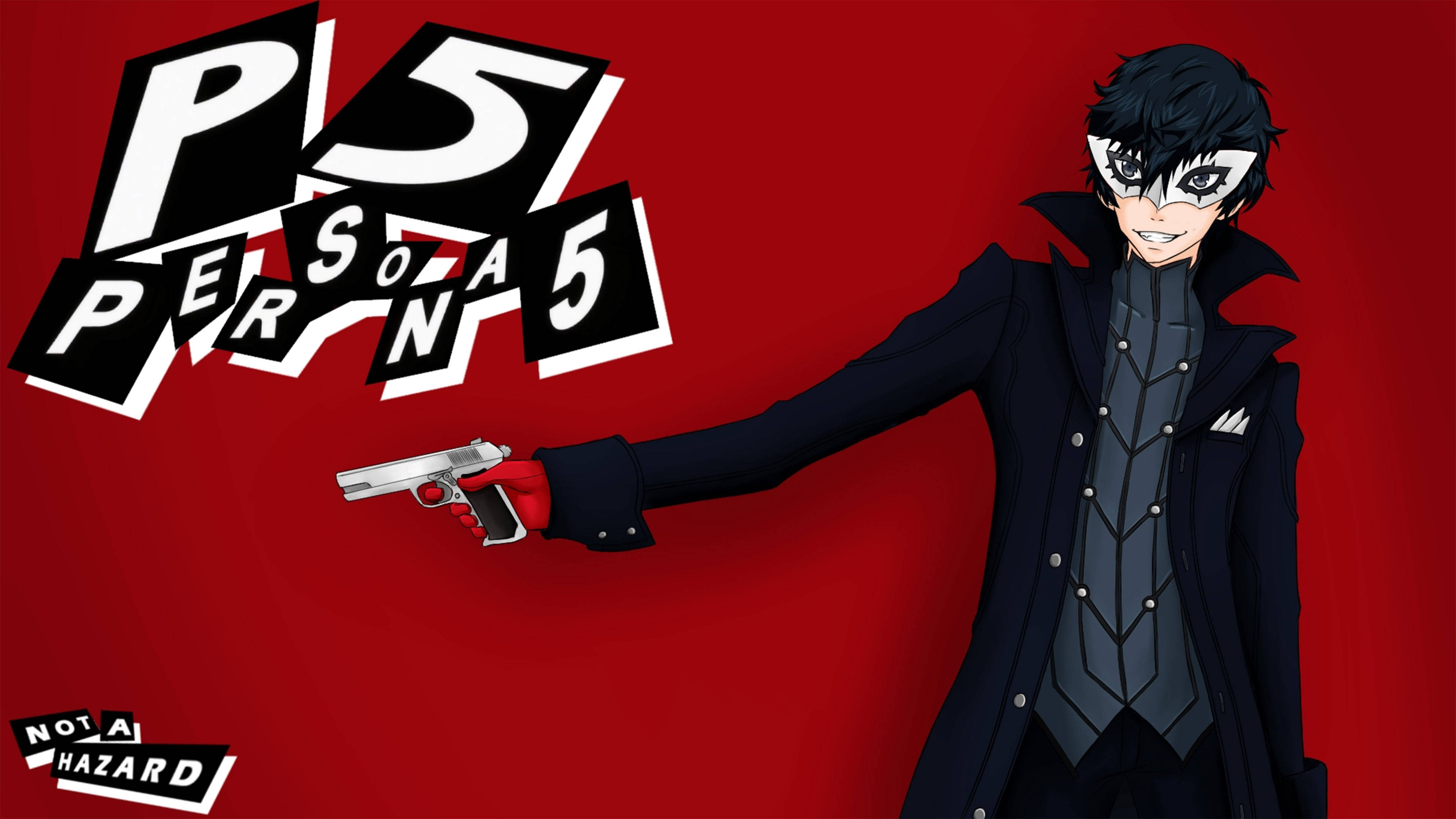 persona 5 4K 桌布 壁紙 — 一個戴著面具的動漫角色，身穿黑色外套，在帶有 'Persona 5' 標誌的醒目紅色背景前持槍。