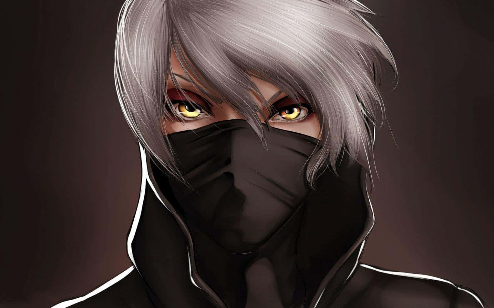 kakashi pfp 桌布 壁紙 — 一個戴著面具的動漫角色，銀色頭髮和發光的琥珀色眼睛，在黑暗背景下強烈凝視。