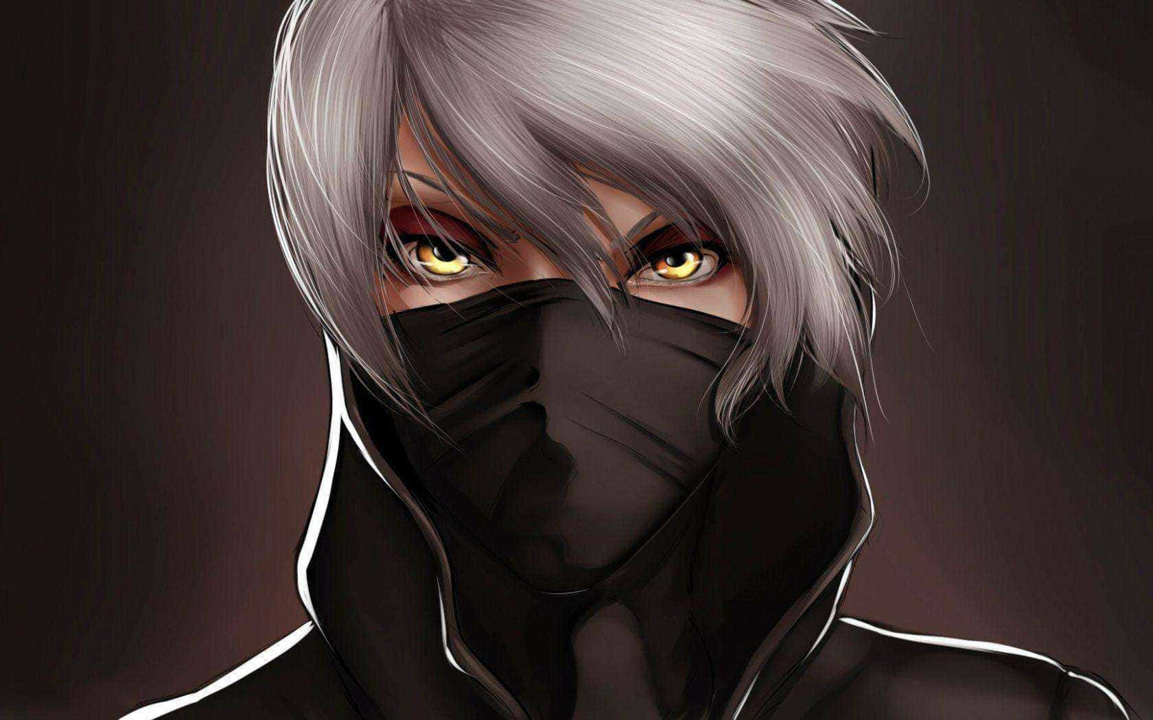Emo Anime Boy 桌布 壁紙 — 一個戴著面具的動漫角色，銀色頭髮和發光的黃色眼睛，在黑暗背景下強烈凝視。
