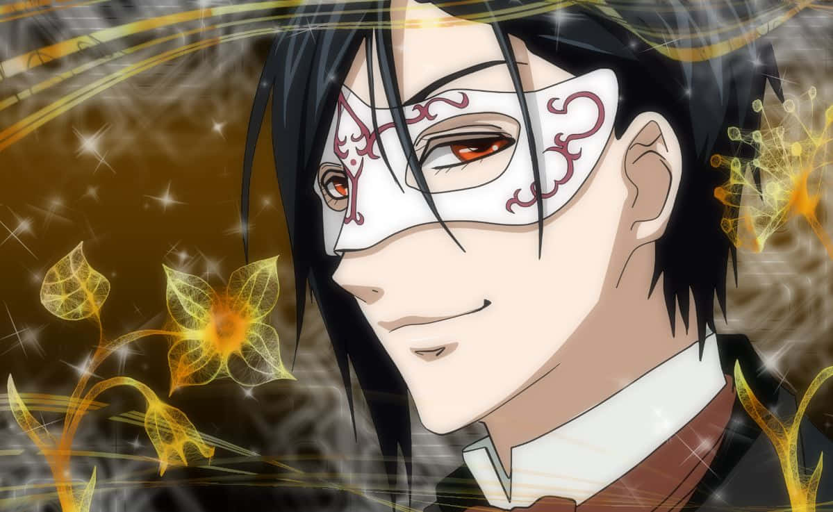 sebastian michaelis 桌布 壁紙 — 一個戴著面具的動漫角色，黑髮紅眼，在金色花卉和閃亮背景中微笑。