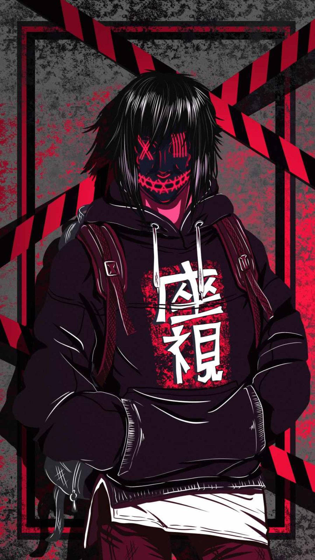暗黑動漫風格GIF 桌布 壁紙 — 一個戴著面具的動漫角色穿著深色連帽衫，站在帶有塗鴉紋理的紅黑條紋背景前。