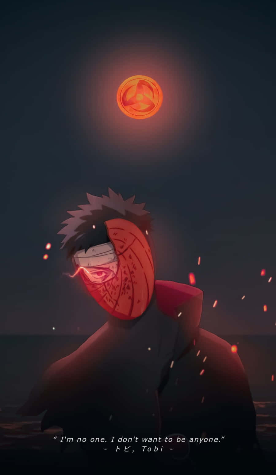 Obito Aesthetic 桌布 壁紙 — 一個戴著面具的動漫角色站在發光的橙色月亮下，周圍漂浮著熾熱的火花，處於黑暗的夜晚場景中。