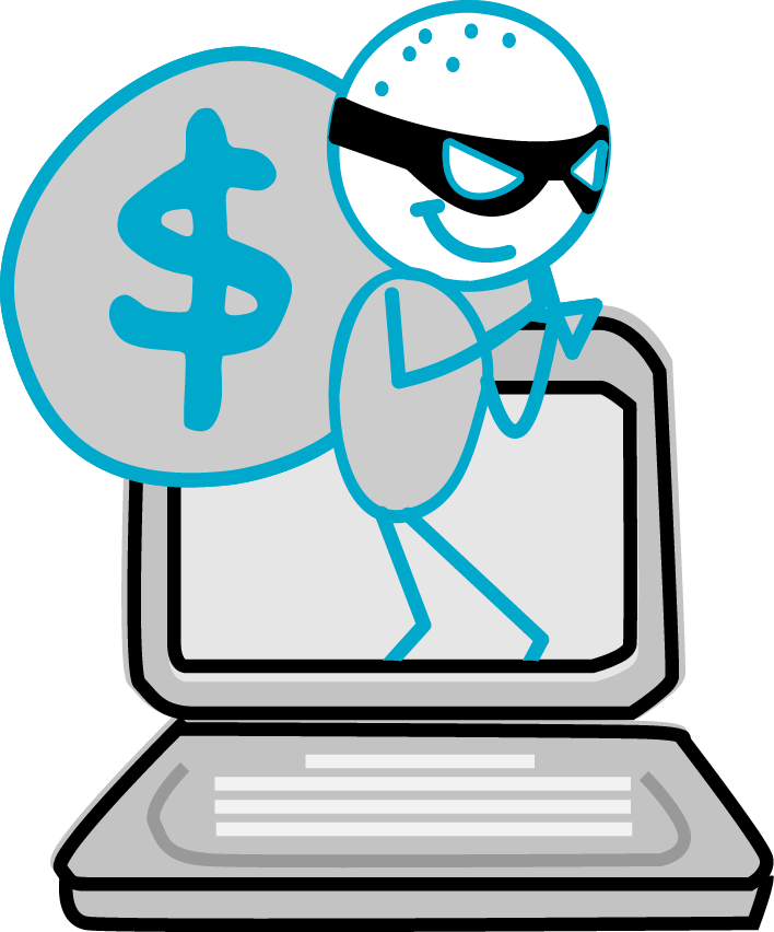 Clip Art 桌布 壁紙 — 一個戴著面具的卡通火柴人駭客從筆記型電腦中出現，手持一個巨大的美元符號袋。