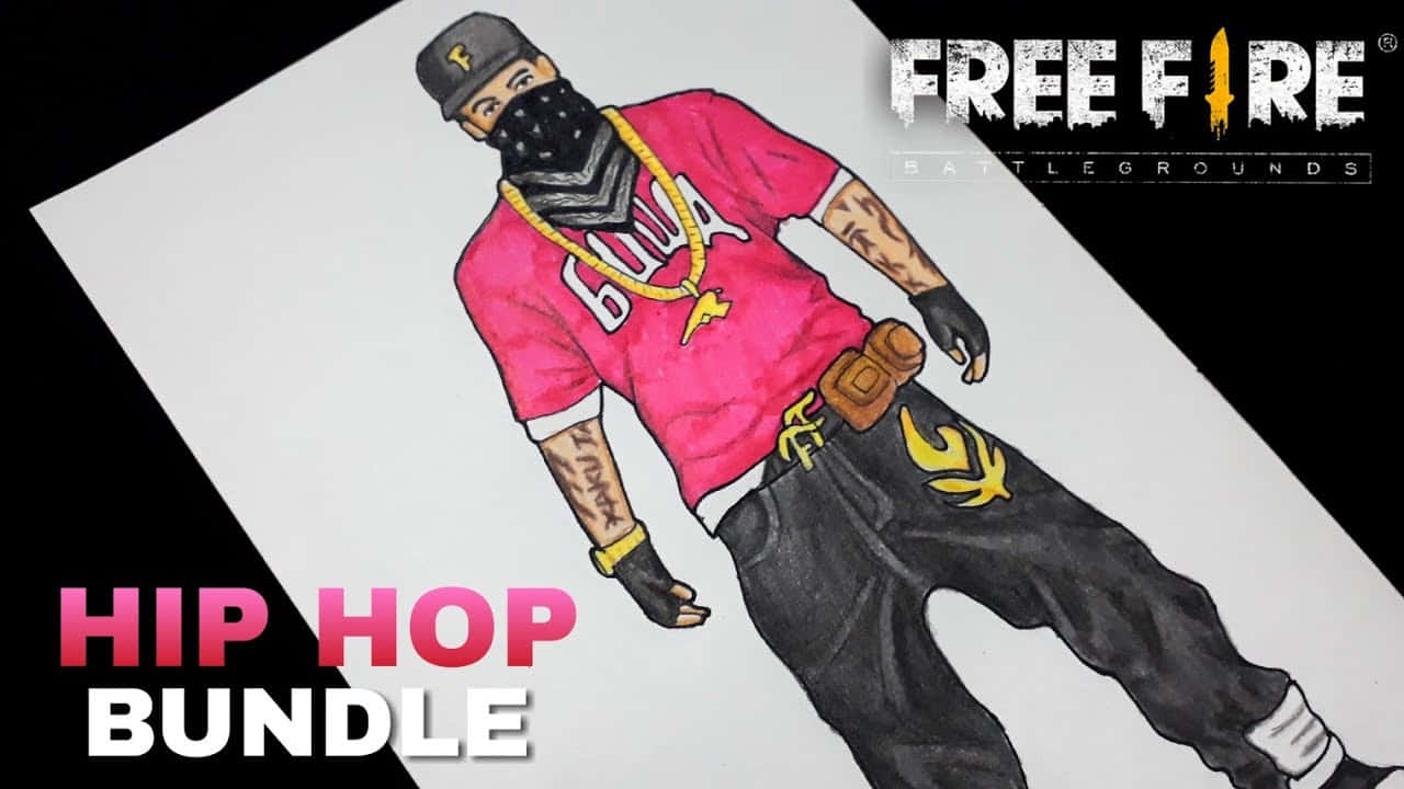 Hip Hop Free Fire 桌布 壁紙 — 一個戴著面具的嘻哈角色，身穿粉紅色襯衫和黑色褲子，配戴金色配飾的風格化插圖。