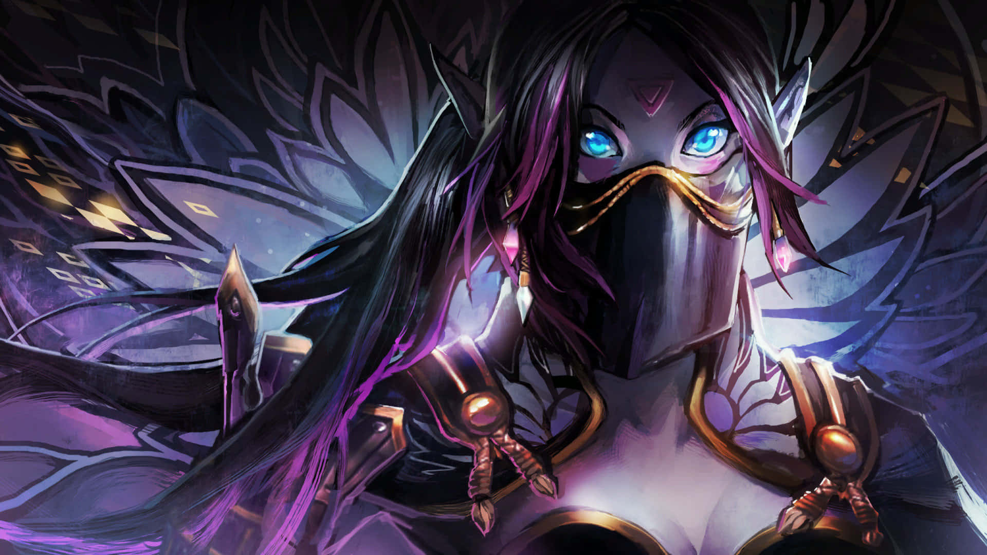 1920x1080 Dota 2 桌布 壁紙 — 一個戴著面具的奇幻戰士，擁有發光的藍色眼睛和紫黑色翅膀，站在戲劇性的燈光下。