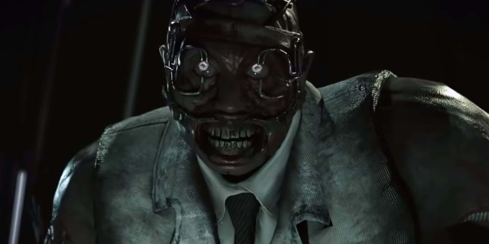 Dead By Daylight Killers 桌布 壁紙 — 一個戴著面具的威脅人物，眼睛發光，咧嘴怪笑，身處黑暗粗糙的環境中。