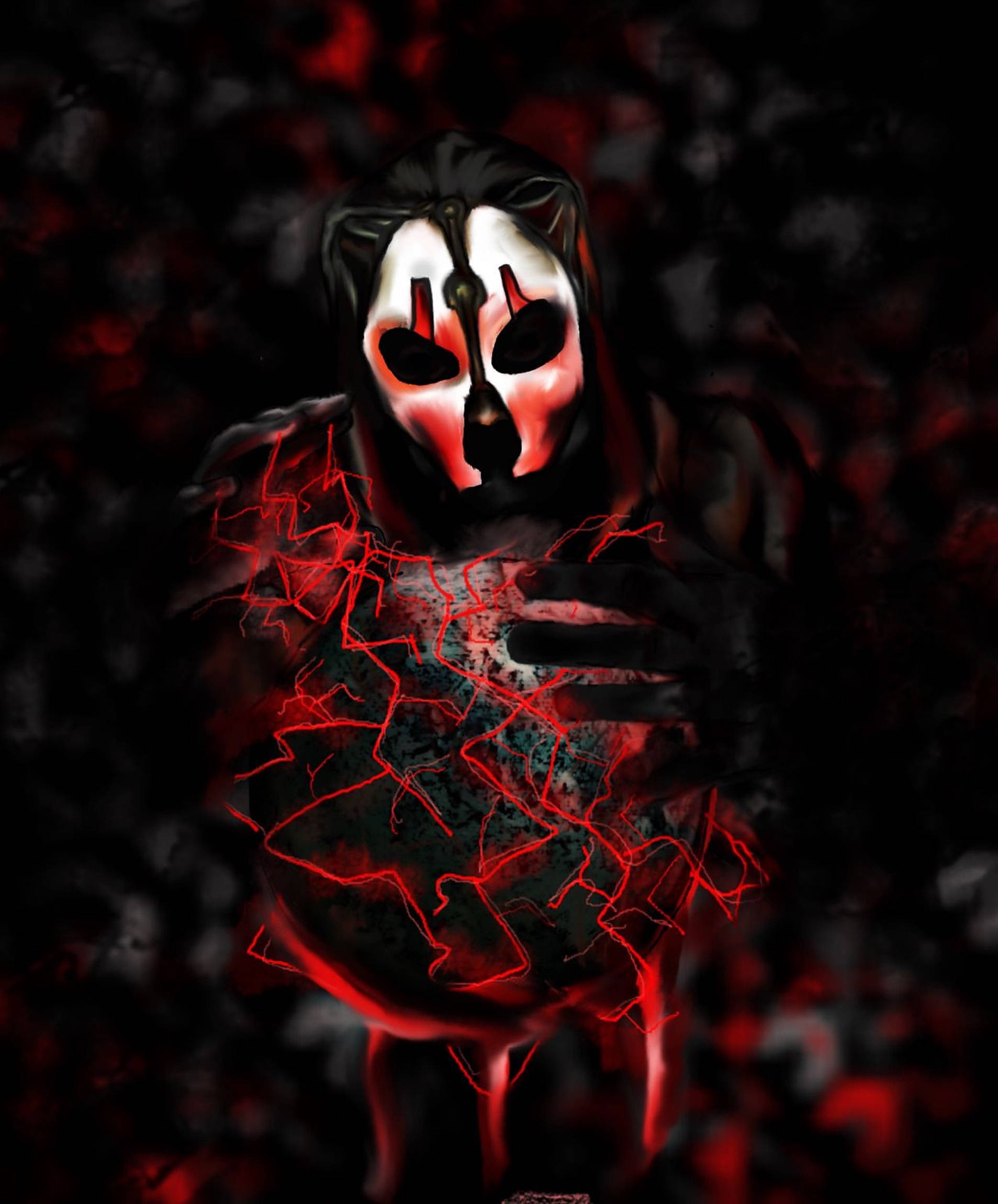 Darth Nihilus 桌布 壁紙 — 一個戴著面具的威脅人物，胸口爆發出發光的紅色裂縫，背景是黑暗煙霧彌漫。