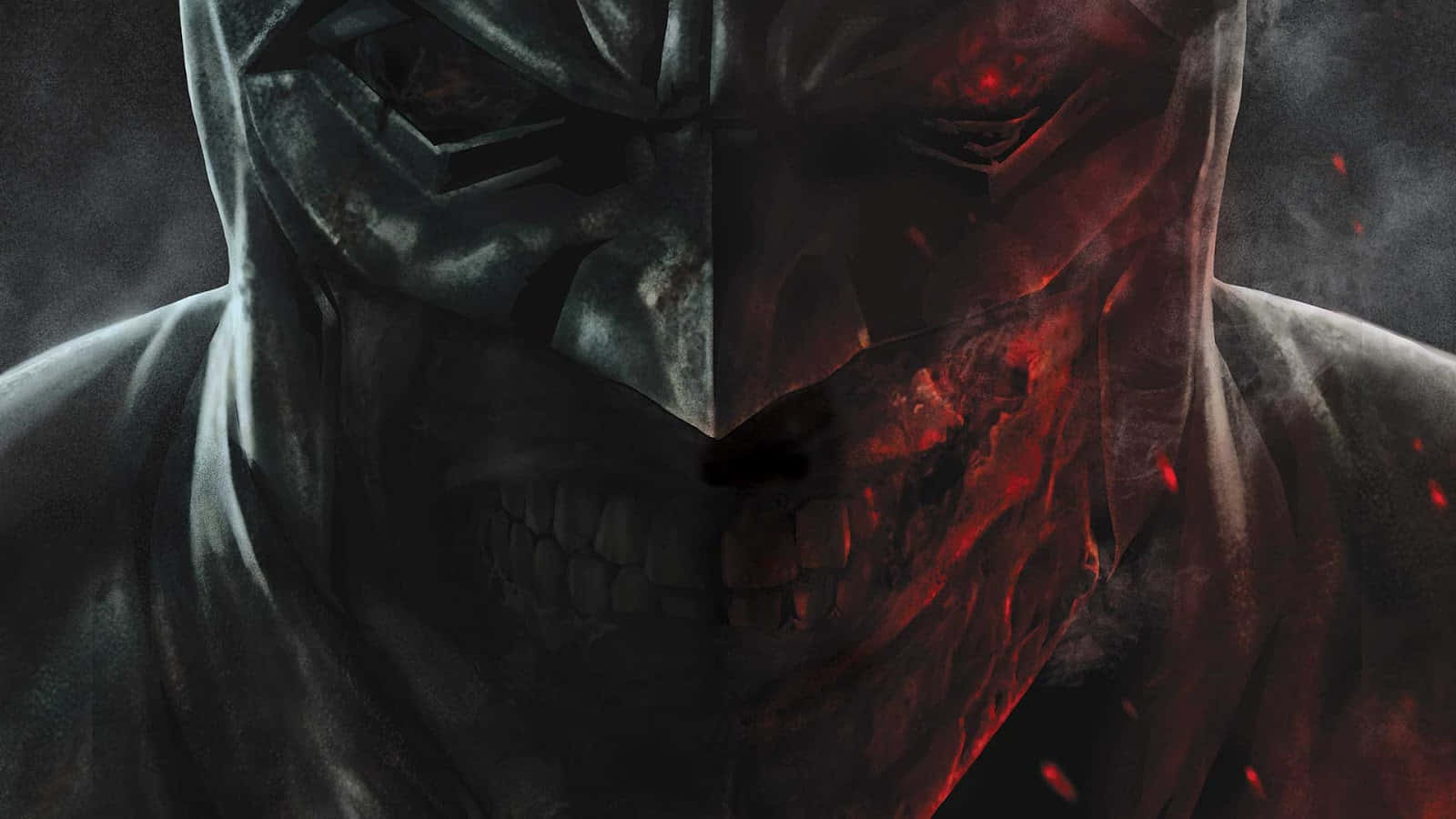 Batman Damned 桌布 壁紙 — 一個戴著面具的威脅性人物，半張臉發出紅光，露出牙齒，處於黑暗煙霧瀰漫的氛圍中。