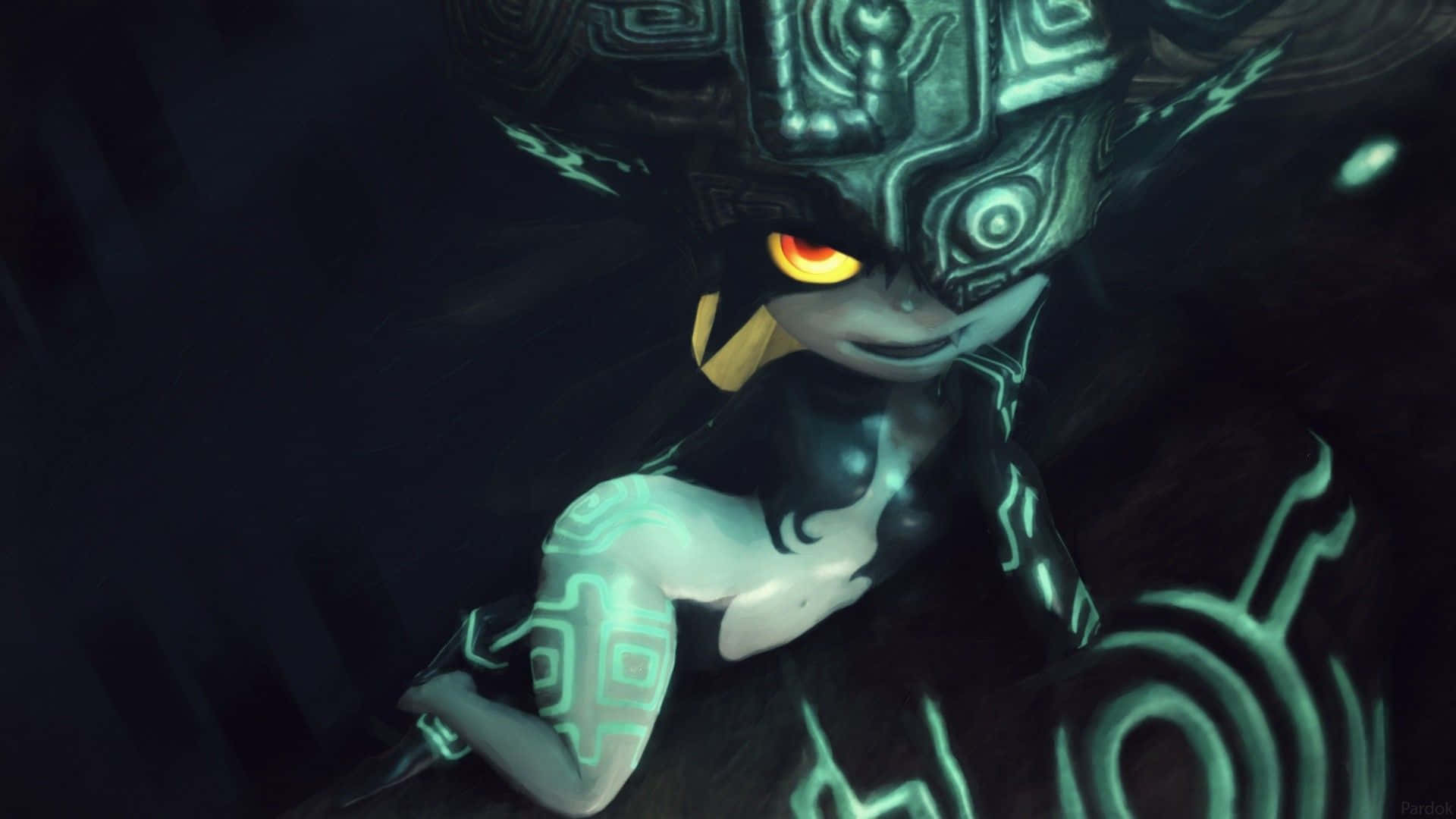The Legend Of Zelda Midna 桌布 壁紙 — 一個戴著面具的威脅性人物，在陰暗的黑暗中，深色皮膚上有發光的黃色眼睛和發光的青綠色部落圖案。