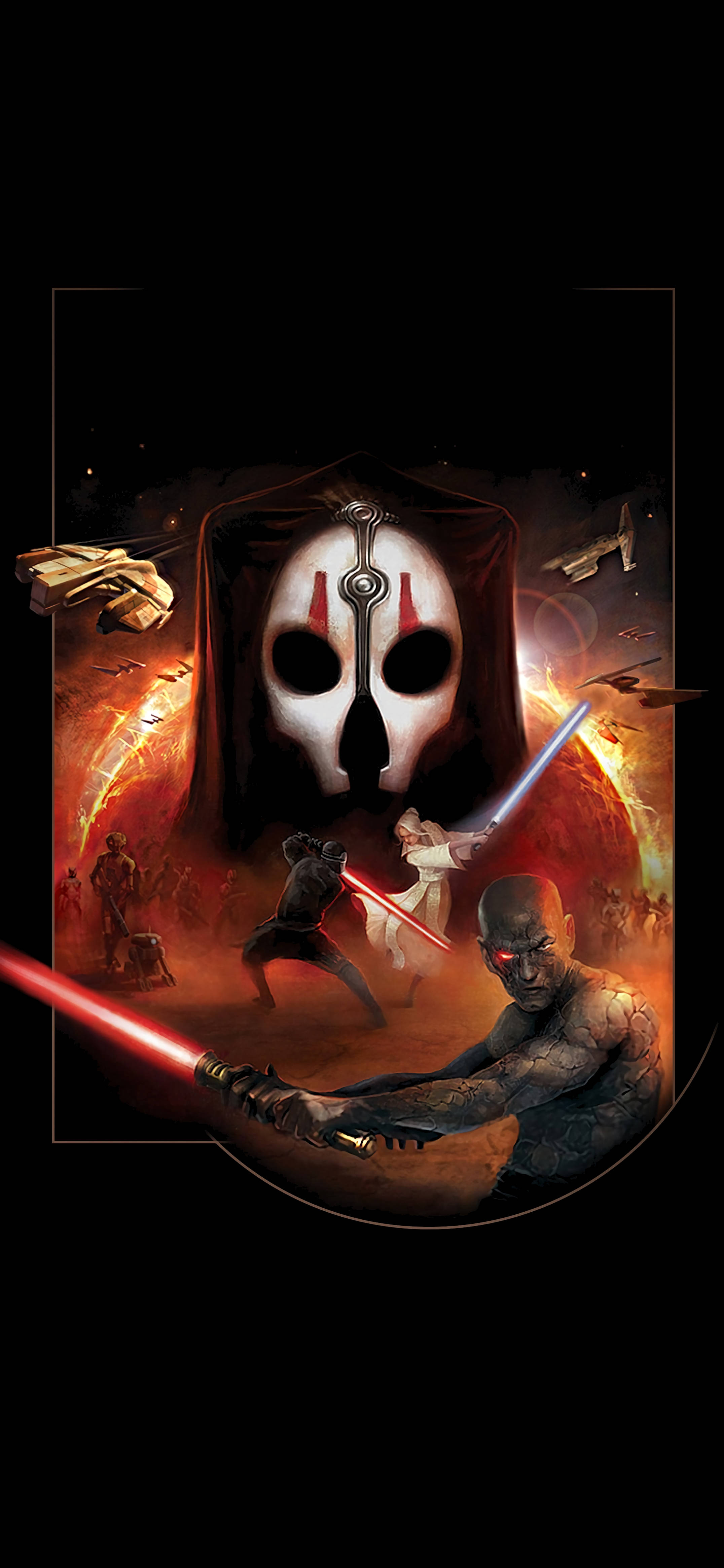 Star Wars Phone 桌布 壁紙 — 一個戴著面具的威脅性人物在熾熱爆炸和星際戰機中俯視著光劍決鬥，背景是黑暗的宇宙戰場。