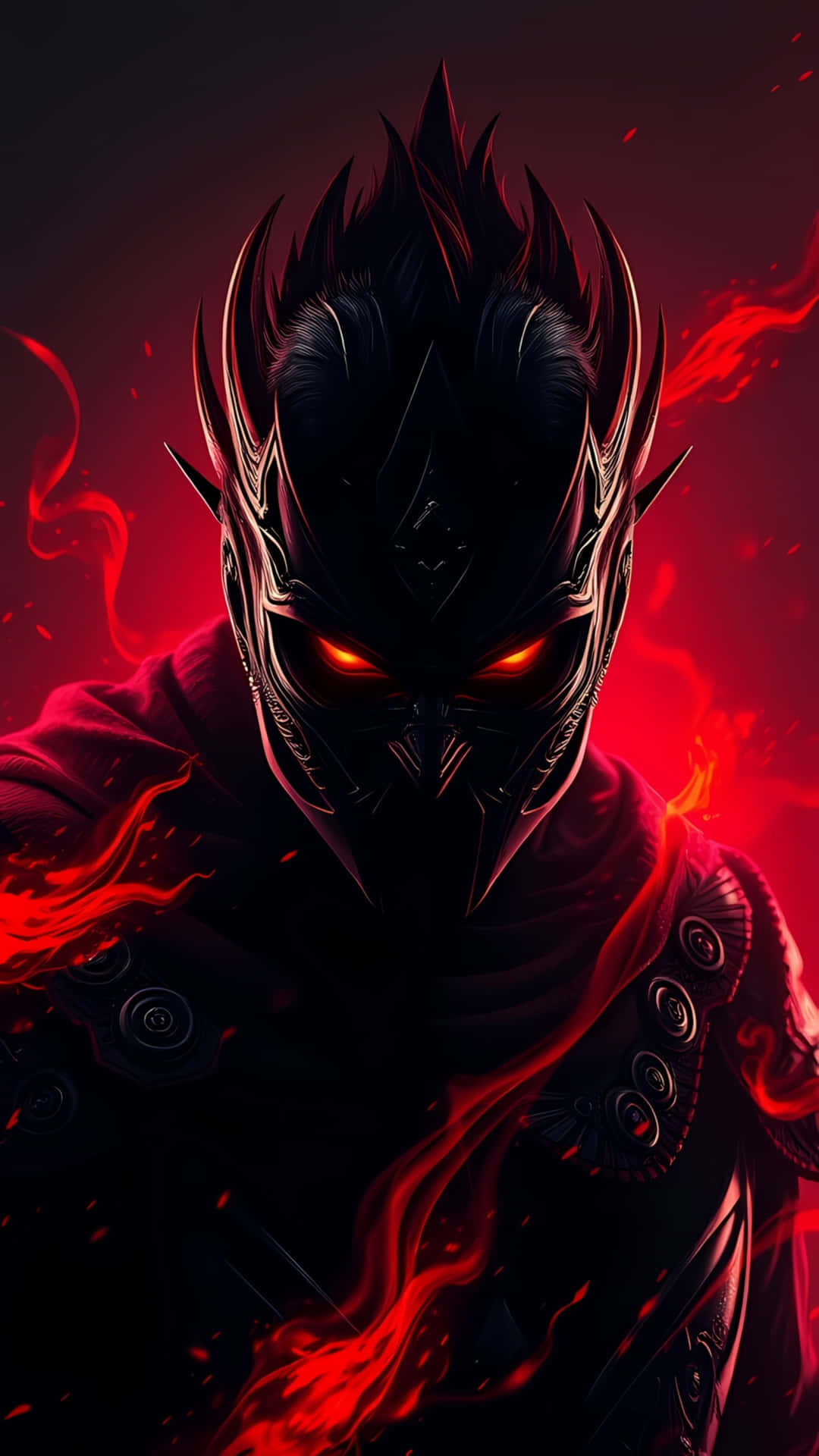 Dark Fire Warrior with Glowing Red Eyes 壁紙 — 一個戴著面具的威脅性戰士，擁有發光的紅色眼睛和圍繞他黑暗盔甲旋轉的熾熱紅色能量。