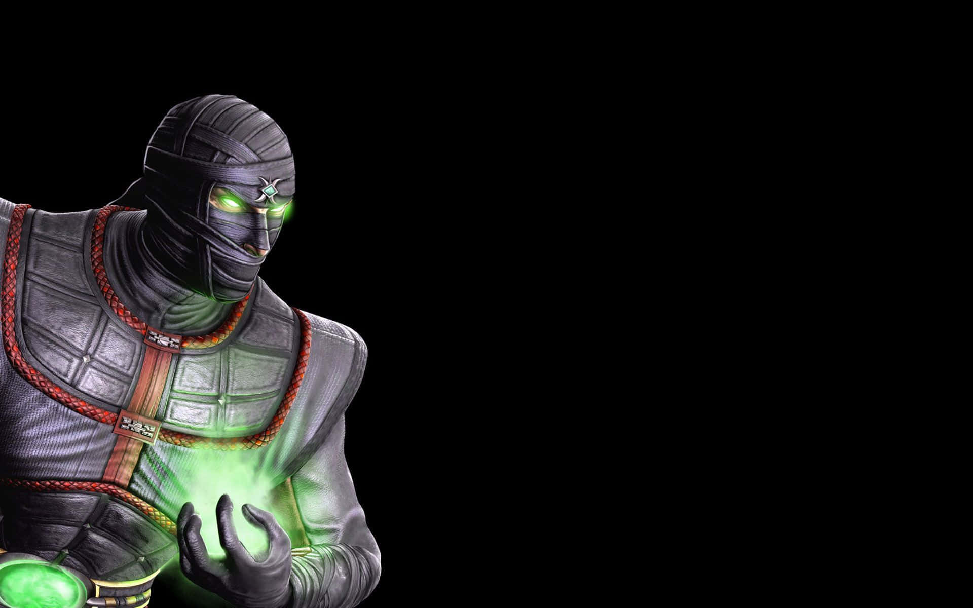 Mortal Kombat Ermac 桌布 壁紙 — 一個戴著面具的忍者，擁有發光的綠色眼睛和雙手，在黑色背景前引導神秘能量。