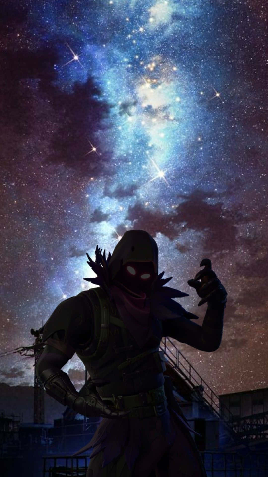 Raven Fortnite 桌布 壁紙 — 一個戴著面具的戰士站在屋頂上，下方是充滿活力的星空星系，有發光的星雲和宇宙雲。