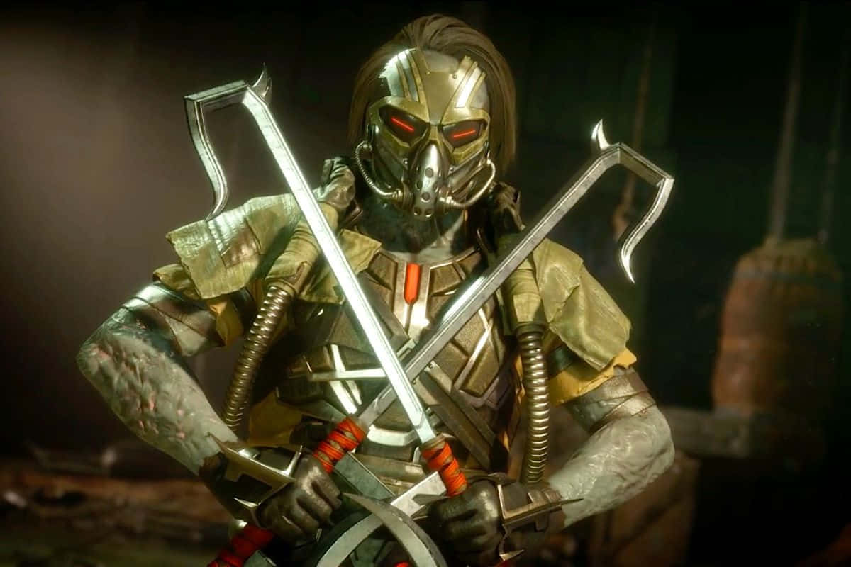Mortal Kombat Kabal 桌布 壁紙 — 一個戴著面具的戰士身穿金屬盔甲，在昏暗的地牢中握著兩把交叉的劍，雙眼發出紅光。