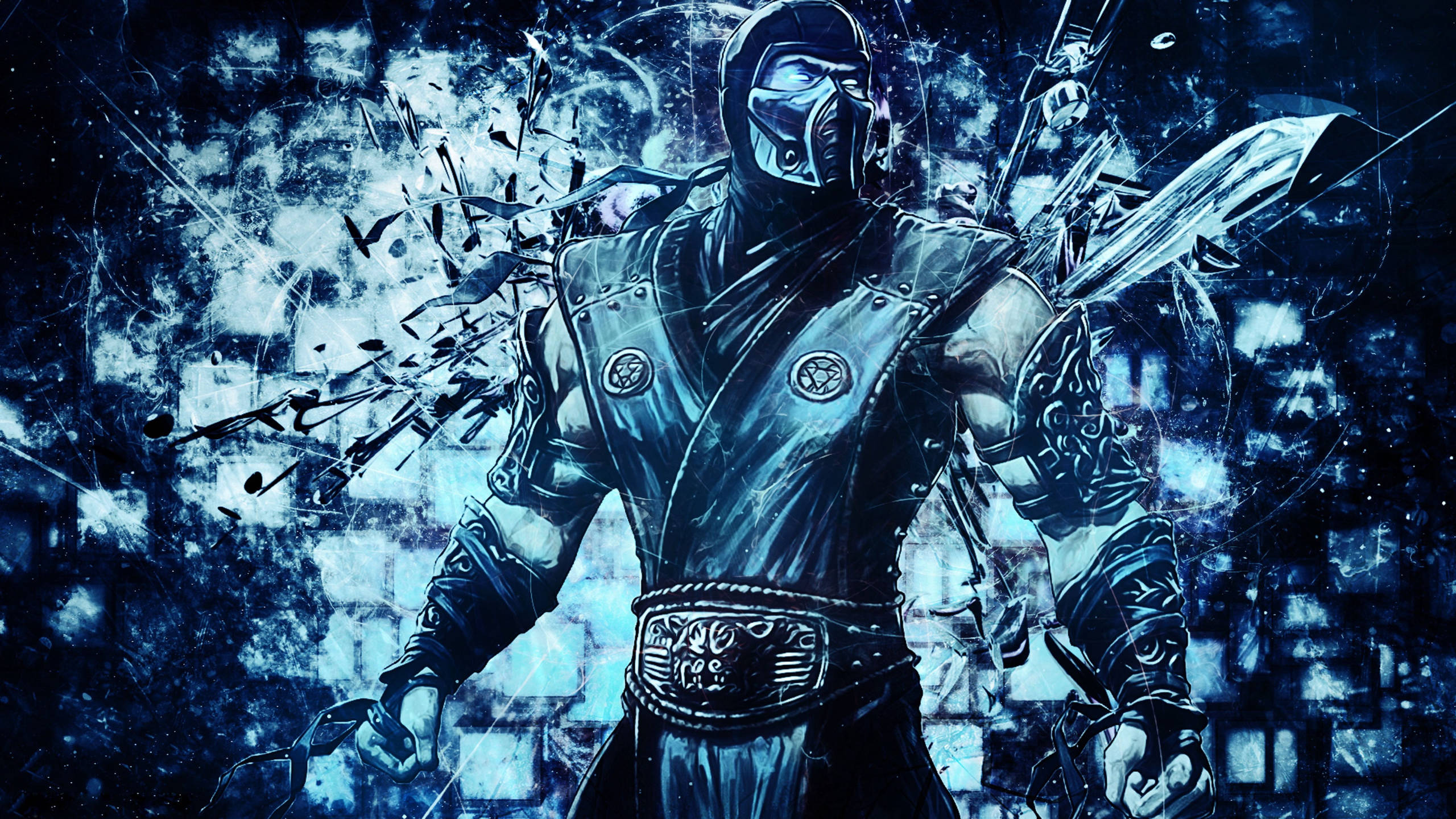 Sub-zero 桌布 壁紙 — 一個戴著面具的戰士身穿黑色盔甲，站在破碎的玻璃和發光的藍色能量之中，身處 gritty 的城市環境。