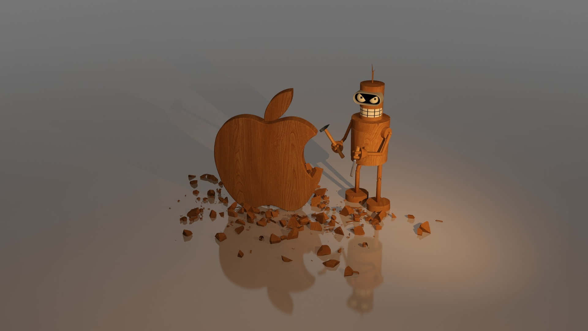 1920x1080 Apple 桌布 壁紙 — 一個戴著面具的木製機器人，手持一把刀，旁邊有一個被咬過的破碎木蘋果。