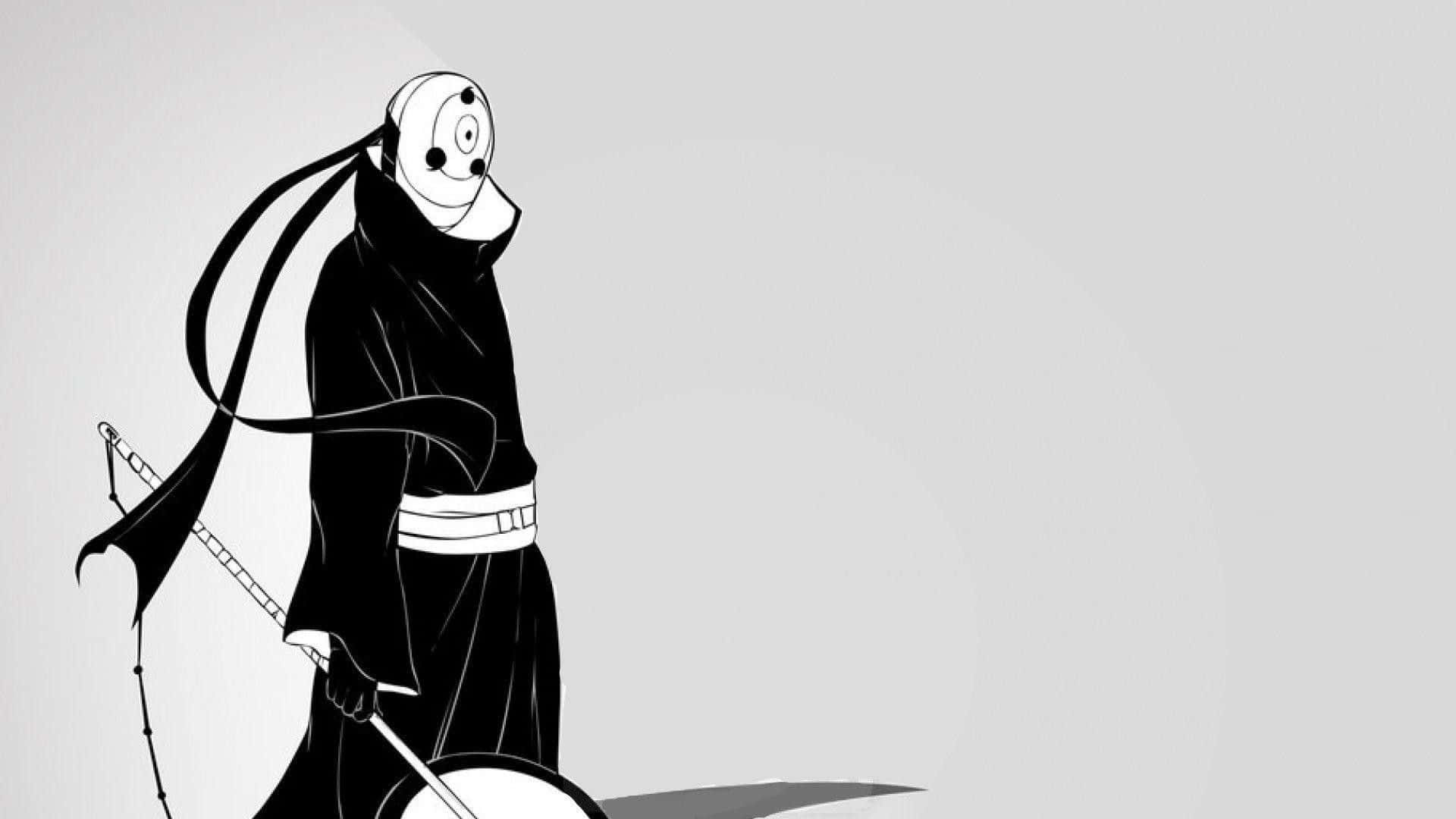 Obito Uchiha 桌布 壁紙 — 一個戴著面具的武士戰士在純灰色背景上持劍的極簡黑白插圖。