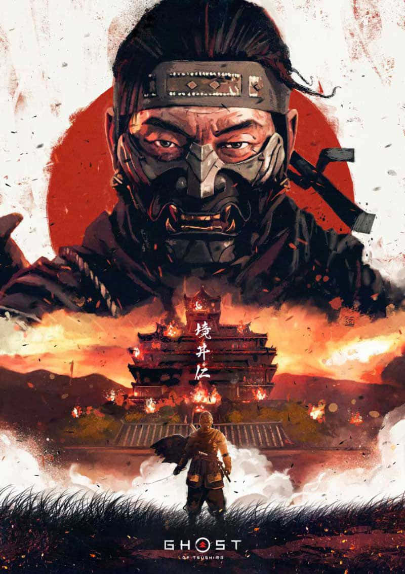 電玩遊戲 桌布 壁紙 — 一個戴著面具的武士戰士聳立在一座燃燒的城堡之上，一個孤獨的身影站在前景，背景是熾熱的日落。