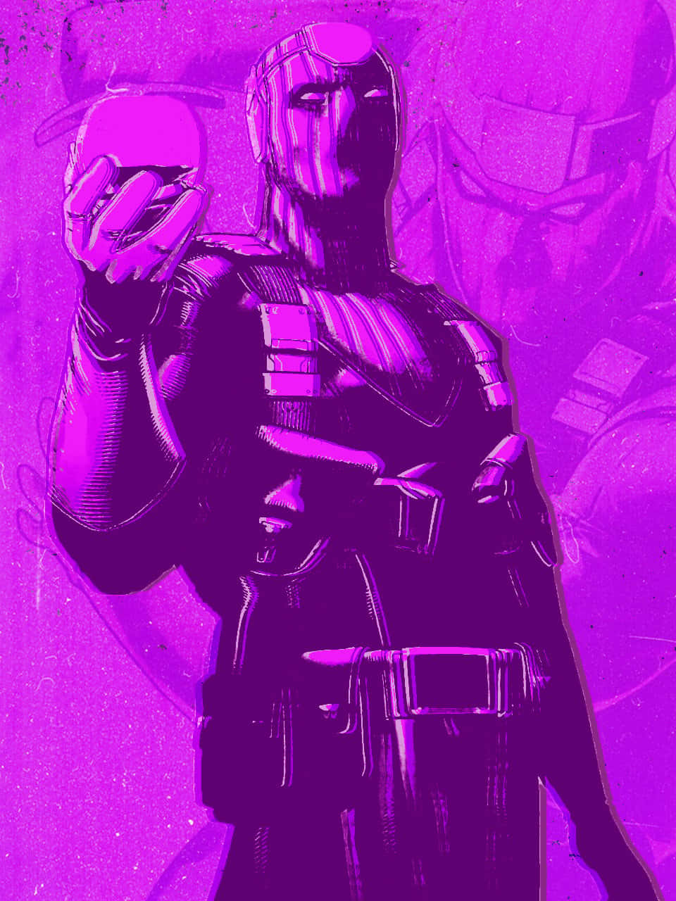 Baron Zemo 桌布 壁紙 — 一個戴著面具的義警，以紫色調的數位藝術風格，在粗糙紋理的背景前手持一個發光的球體。