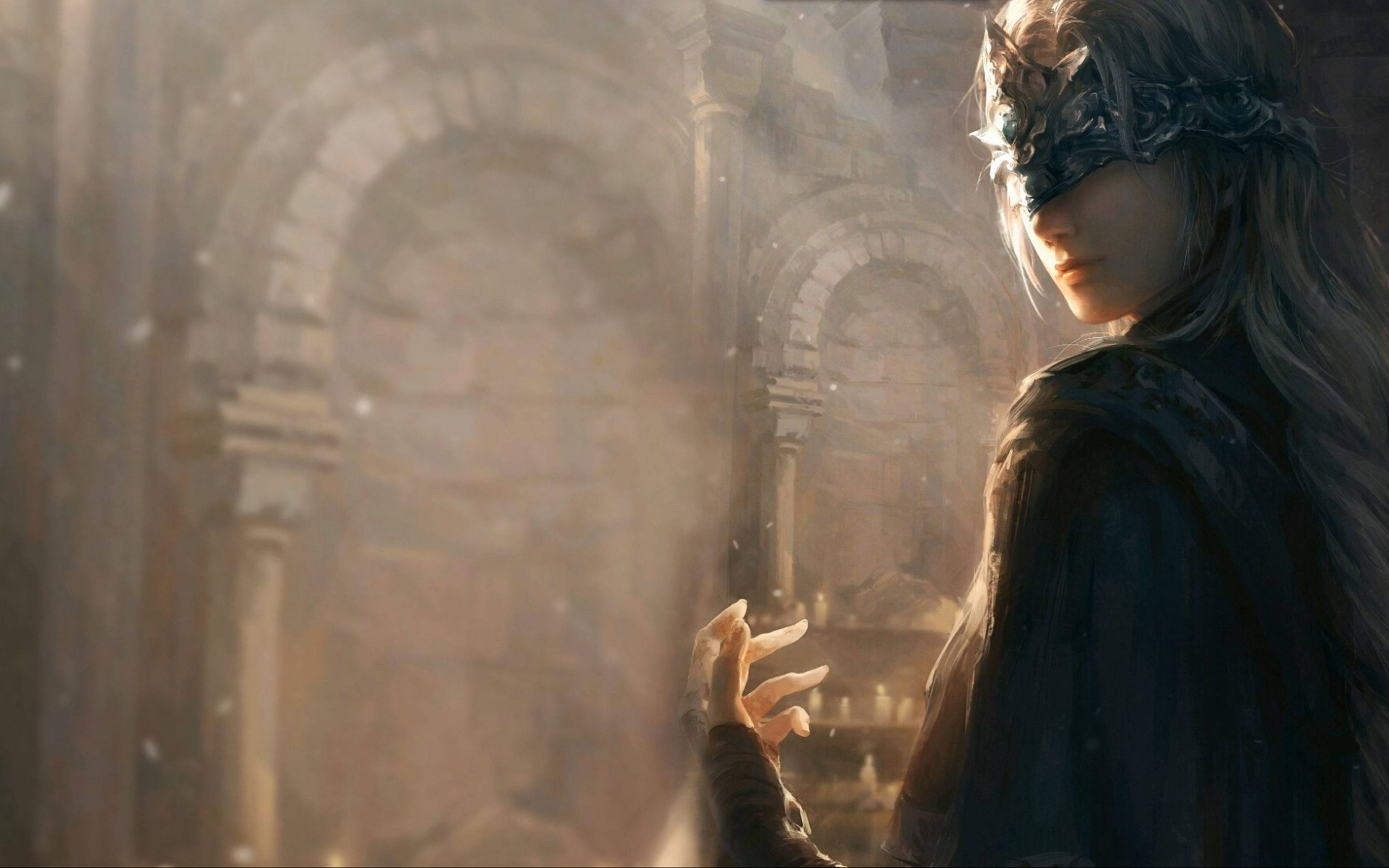dark souls 4K 桌布 壁紙 — 一個戴著面具的長髮人物站在陽光普照的古代廢墟中，伸手向前，灰塵微粒在金色光束中舞動。