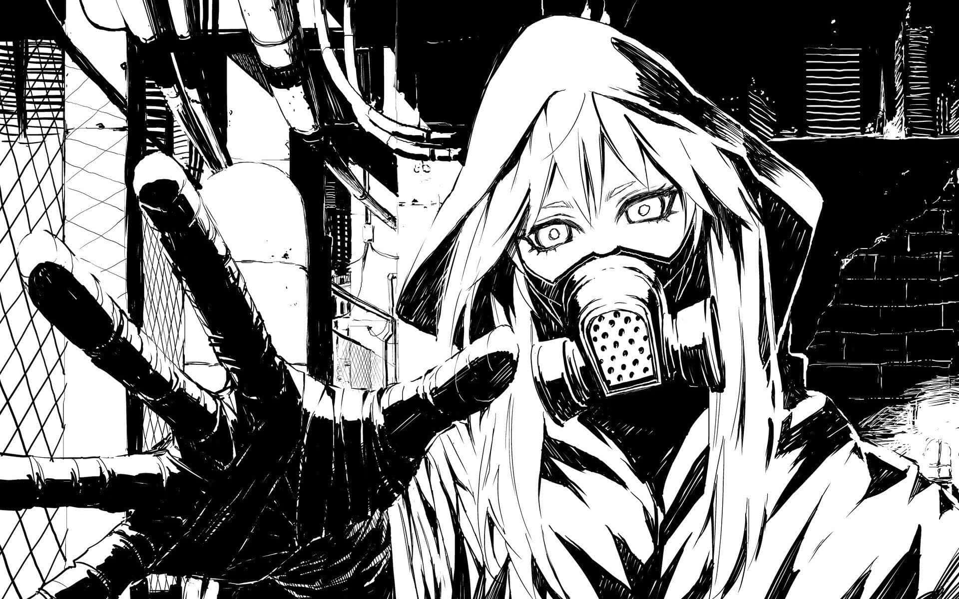 Black And White Drawings 桌布 壁紙 — 一個戴著面具的長髮動漫女孩，在黑白分明的城市小巷中向前伸出一隻戴著手套的手。
