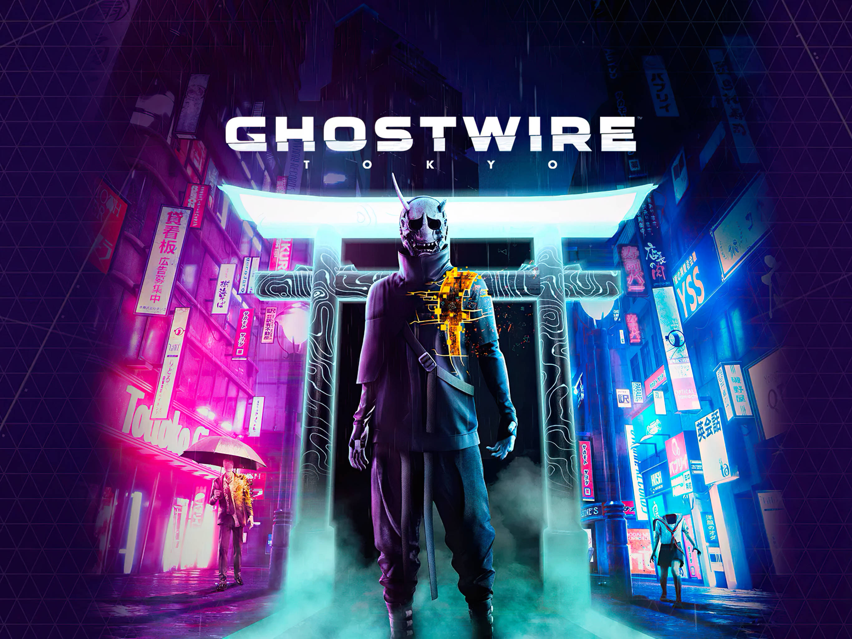 Ghostwire Tokyo 桌布 壁紙 — 一個戴著面具的鬼魂戰士在夜晚霓虹燈閃爍的東京小巷中，站在發光的鳥居前。