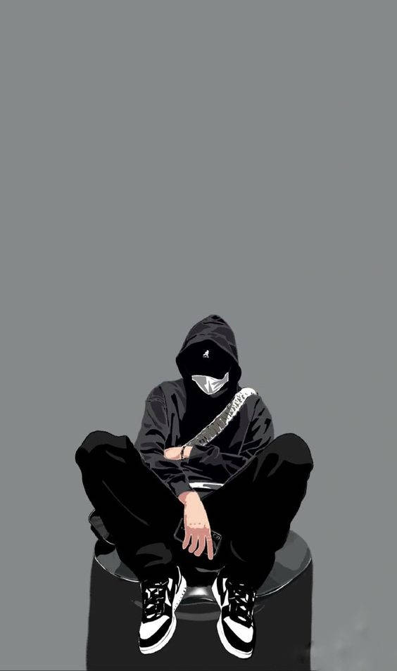 bad 桌布 壁紙 — 一個戴著頭巾和口罩的人物盤腿坐在黑色凳子上，背景是純灰色。