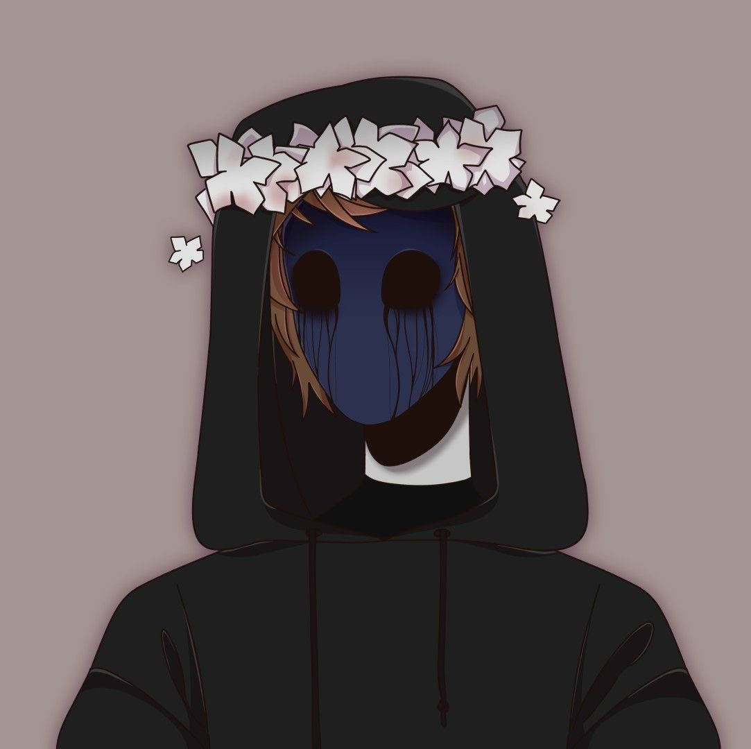 Eyeless Jack 桌布 壁紙 — 一個戴著頭巾的人物，藍色面具的臉龐和白色花冠，背景是柔和的棕色。